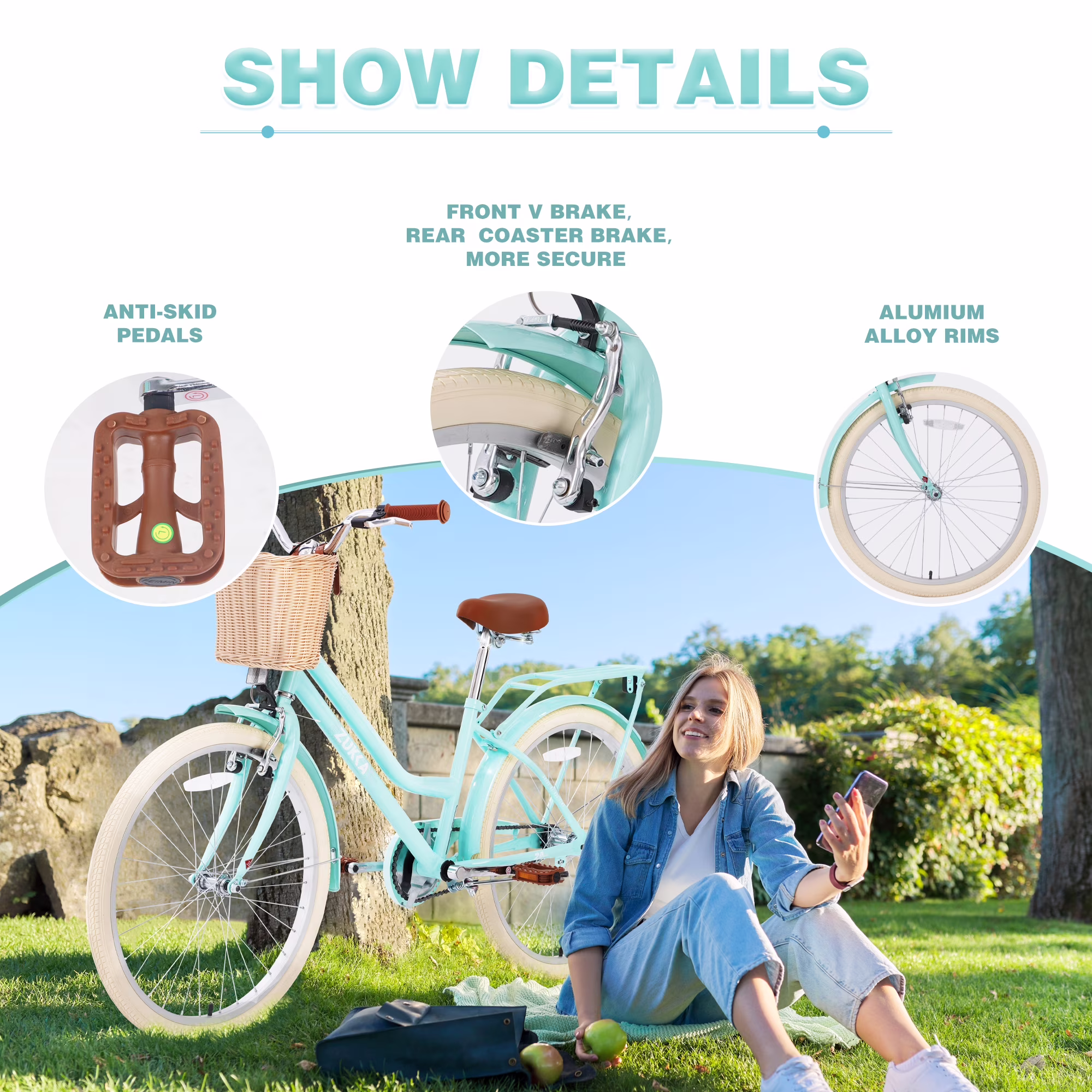 POVANLI 24" City Bike for 8-12 Years Old, Steel Frame Bike, Bike with Basket Mint Green - Image 5