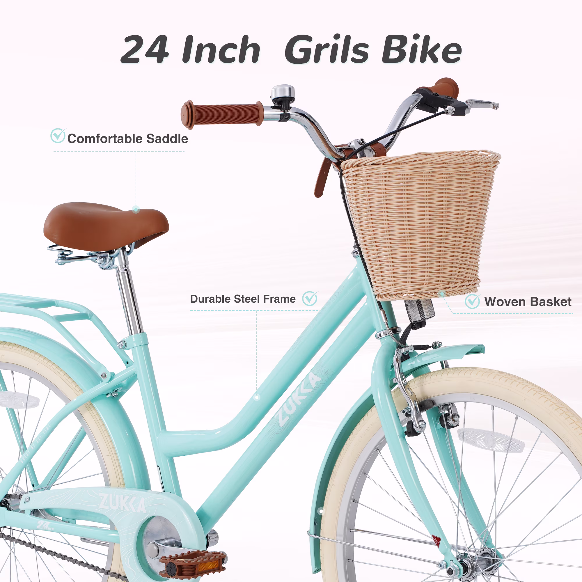 POVANLI 24" City Bike for 8-12 Years Old, Steel Frame Bike, Bike with Basket Mint Green - Image 2