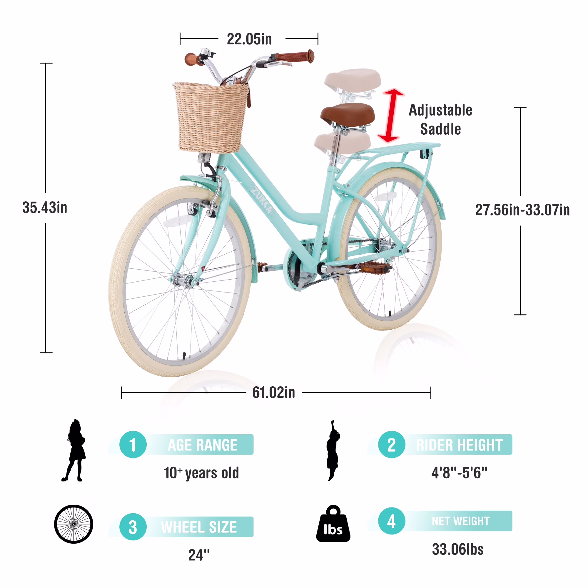 POVANLI 24" City Bike for 8-12 Years Old, Steel Frame Bike, Bike with Basket Mint Green - Image 3