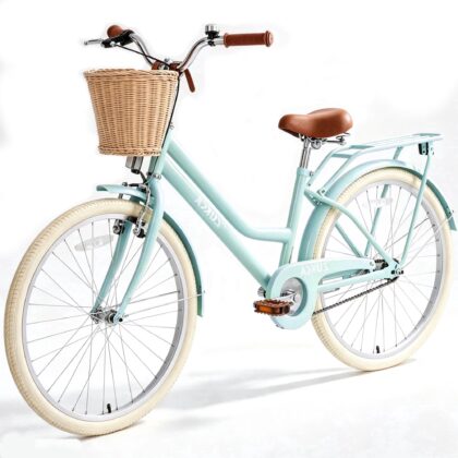 POVANLI 24" City Bike for 8-12 Years Old, Steel Frame Bike, Bike with Basket Mint Green