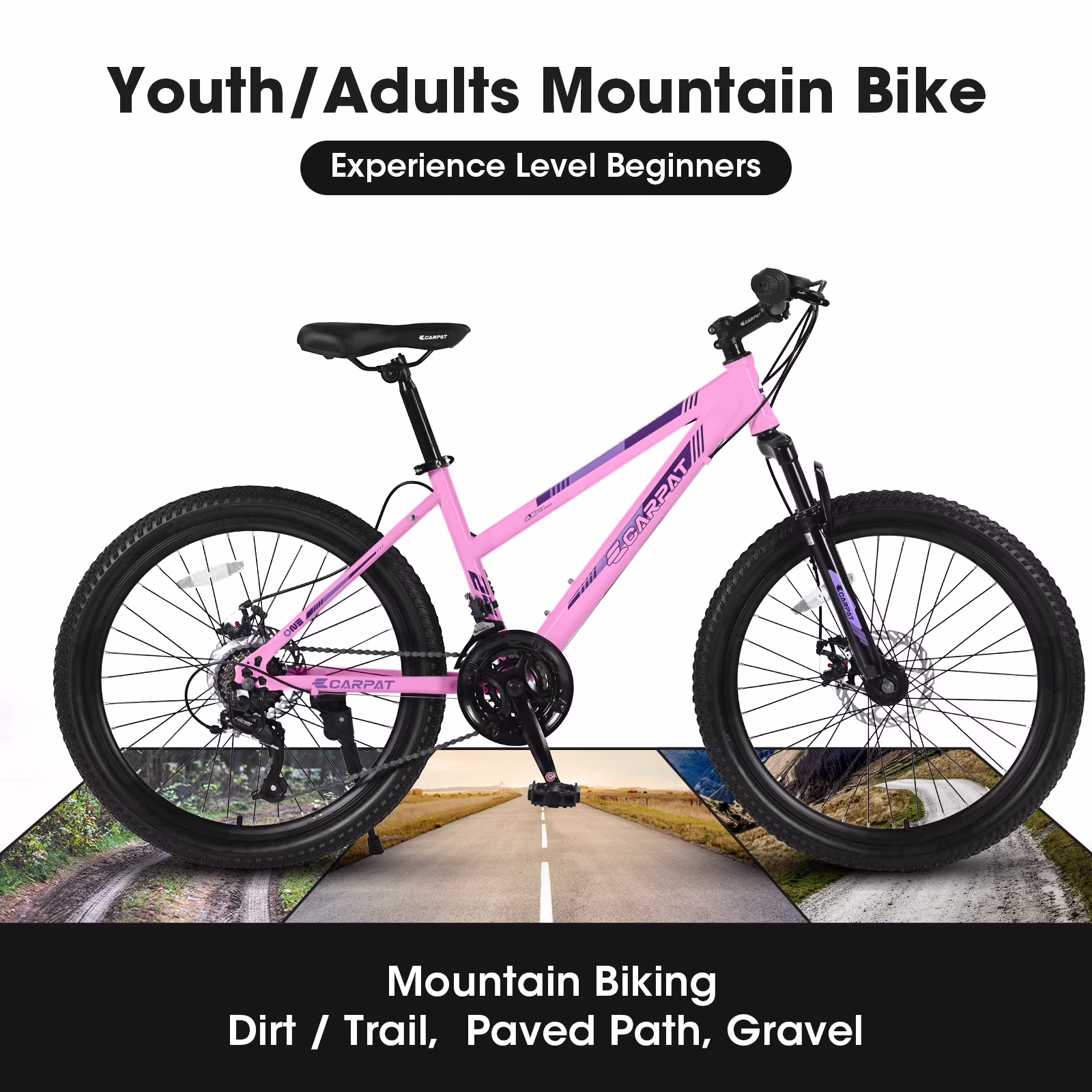POVANLI 24" Mountain Bike for Teenagers Women, 21 Speeds Mountain Bicycles with Dual Disc Brakes and 100mm Front Suspension, Pink(Gift) - Image 5