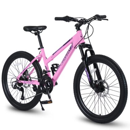 POVANLI 24" Mountain Bike for Teenagers Women, 21 Speeds Mountain Bicycles with Dual Disc Brakes and 100mm Front Suspension, Pink(Gift)