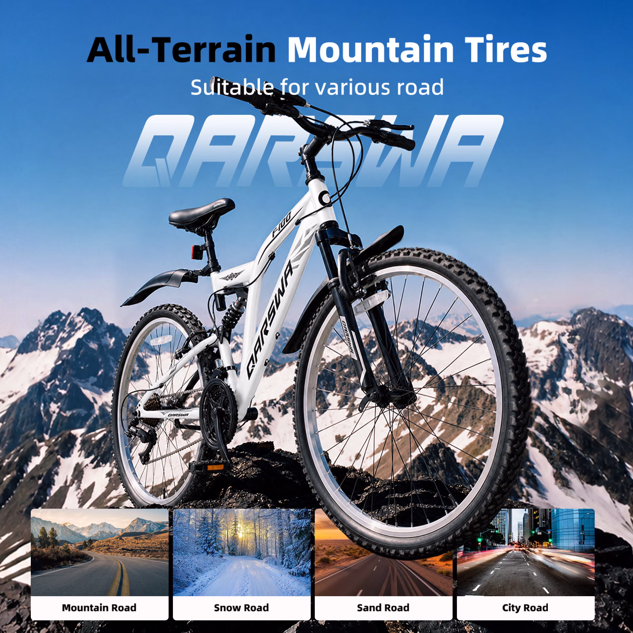 QARSWA 24" Mountain Bike, 21 Speed Full Suspension Bicycle for Teens and Adults, White - Image 3