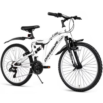 QARSWA 24" Mountain Bike, 21 Speed Full Suspension Bicycle for Teens and Adults, White