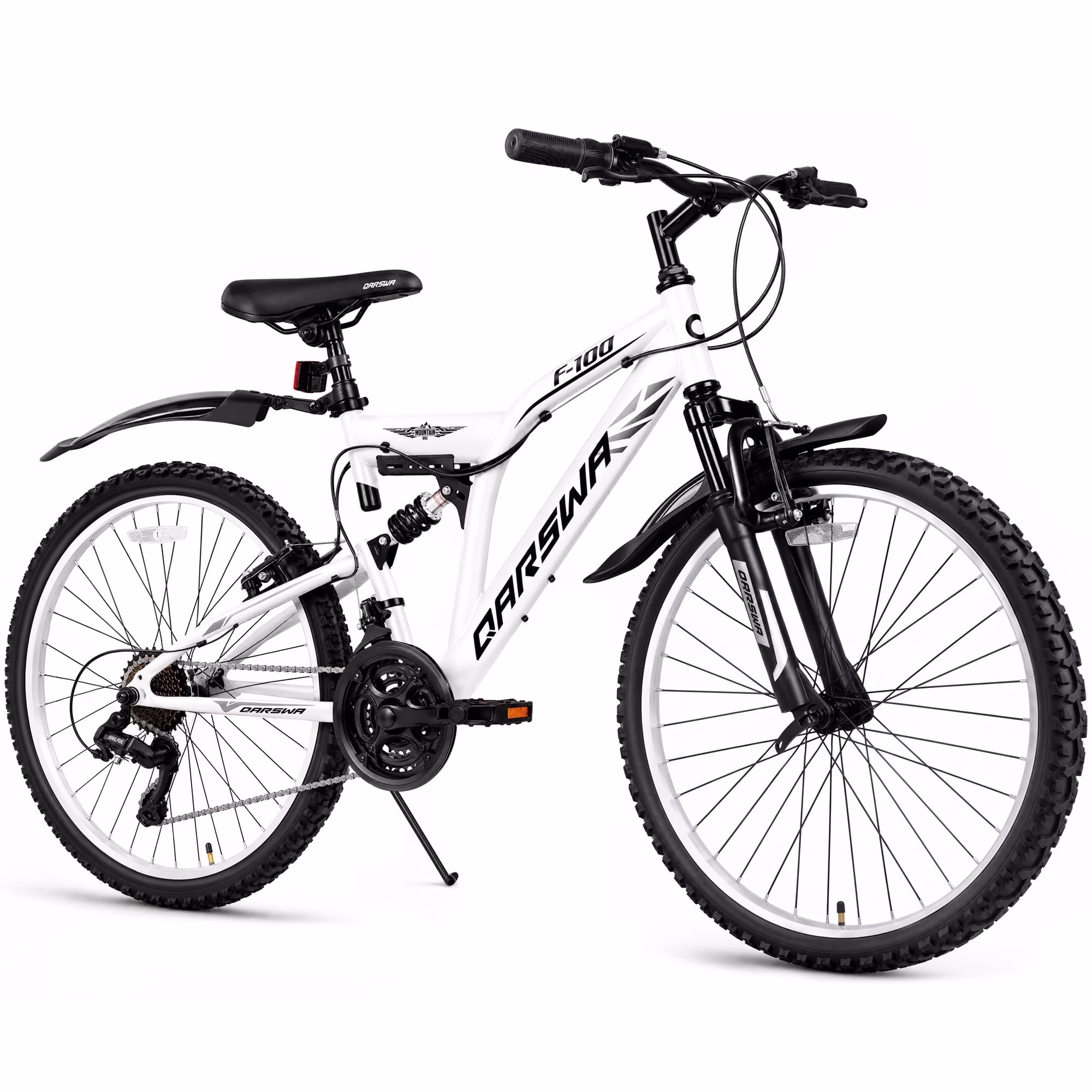 QARSWA 24" Mountain Bike, 21 Speed Full Suspension Bicycle for Teens and Adults, White