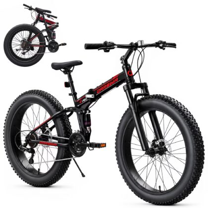 QARSWA 26" Folding Fat Tire Mountain Bike, Adult Bicycle, 21-Speed, Dual Disc Brakes, Front Suspension, Black