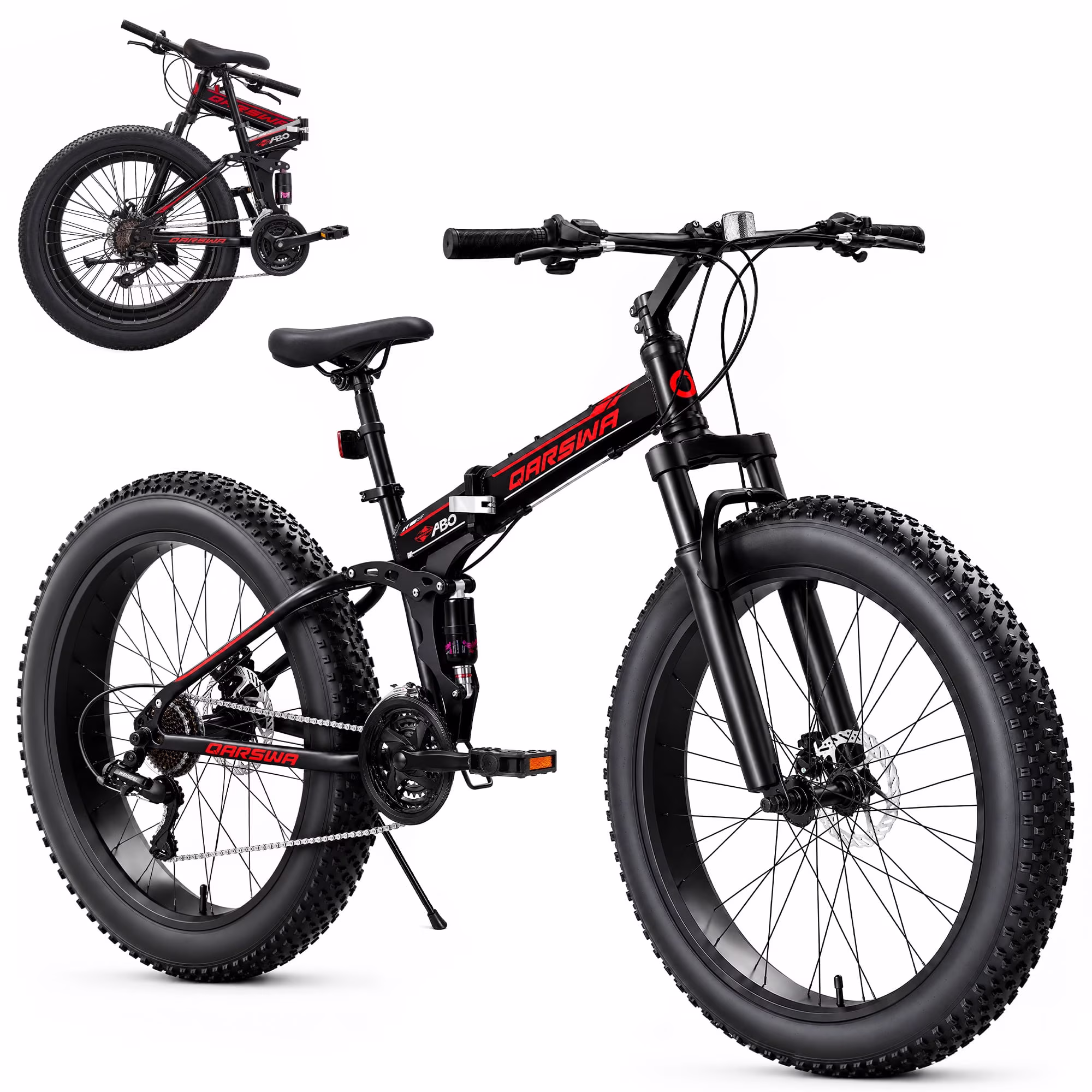 QARSWA 26" Folding Fat Tire Mountain Bike, Adult Bicycle, 21-Speed, Dual Disc Brakes, Front Suspension, Black