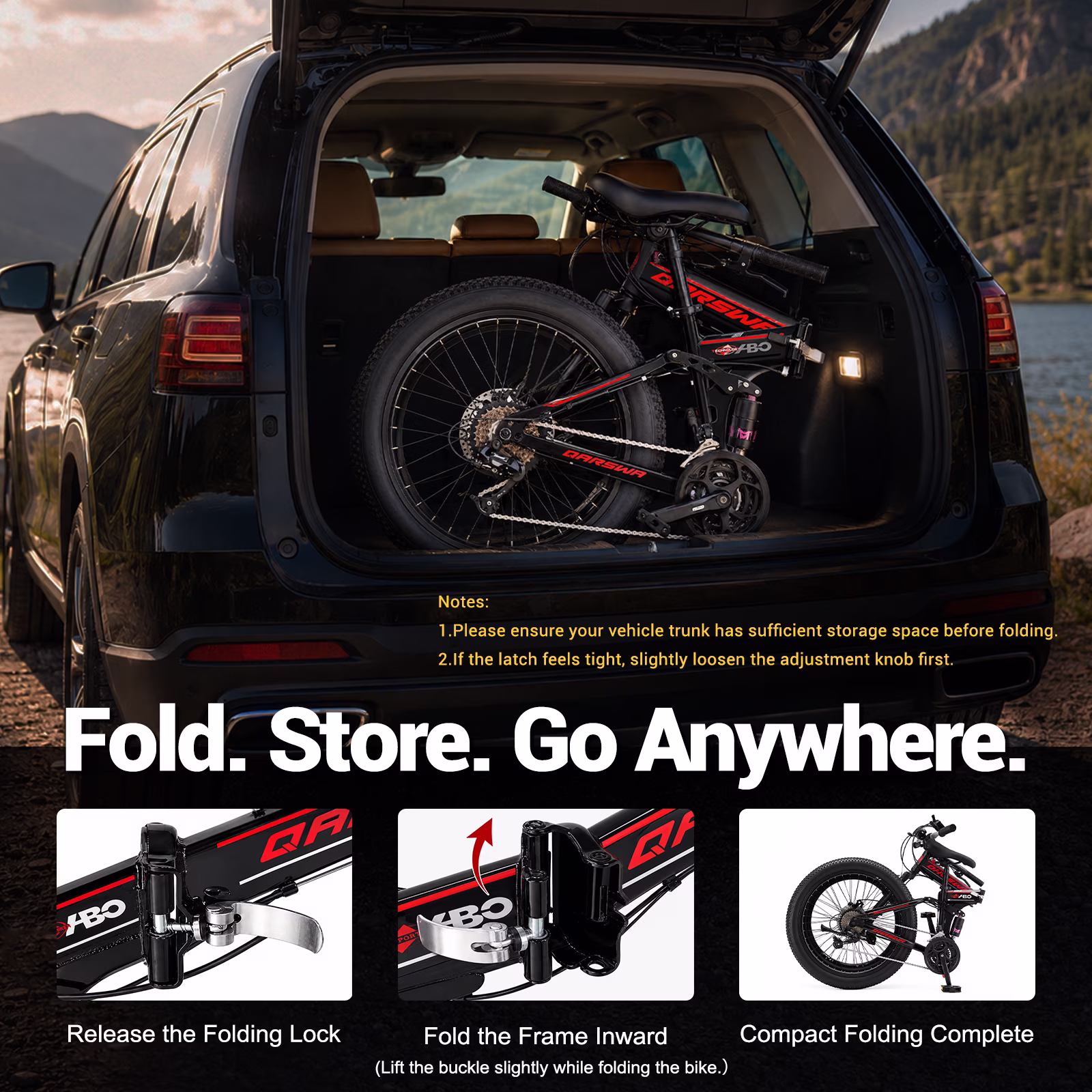 QARSWA 26" Folding Fat Tire Mountain Bike, Adult Bicycle, 21-Speed, Dual Disc Brakes, Front Suspension, Black - Image 3