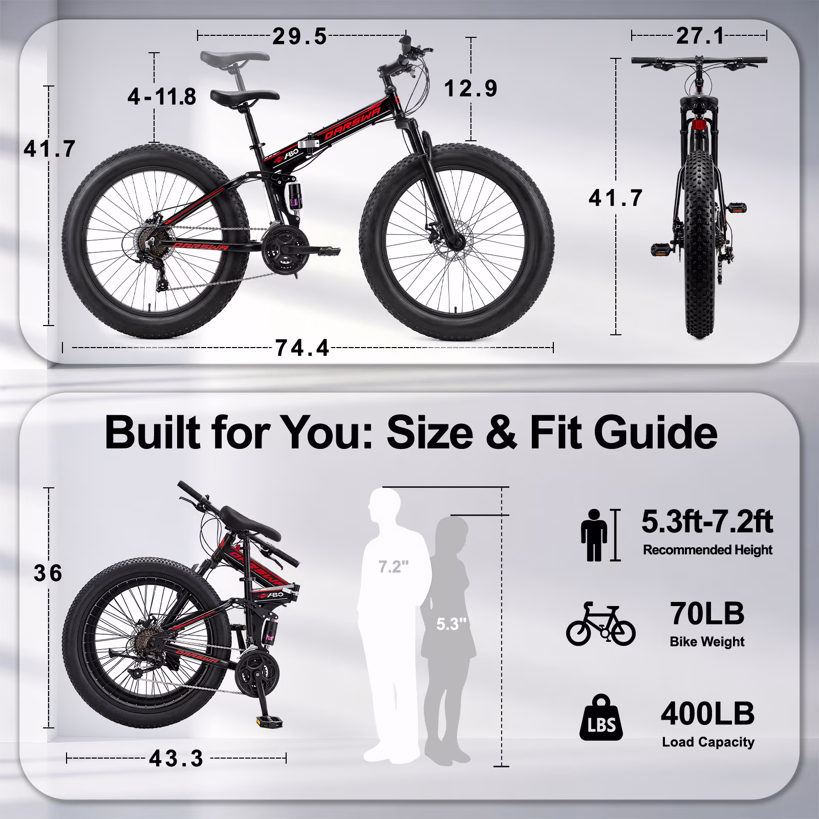 QARSWA 26" Folding Fat Tire Mountain Bike, Adult Bicycle, 21-Speed, Dual Disc Brakes, Front Suspension, Black - Image 4