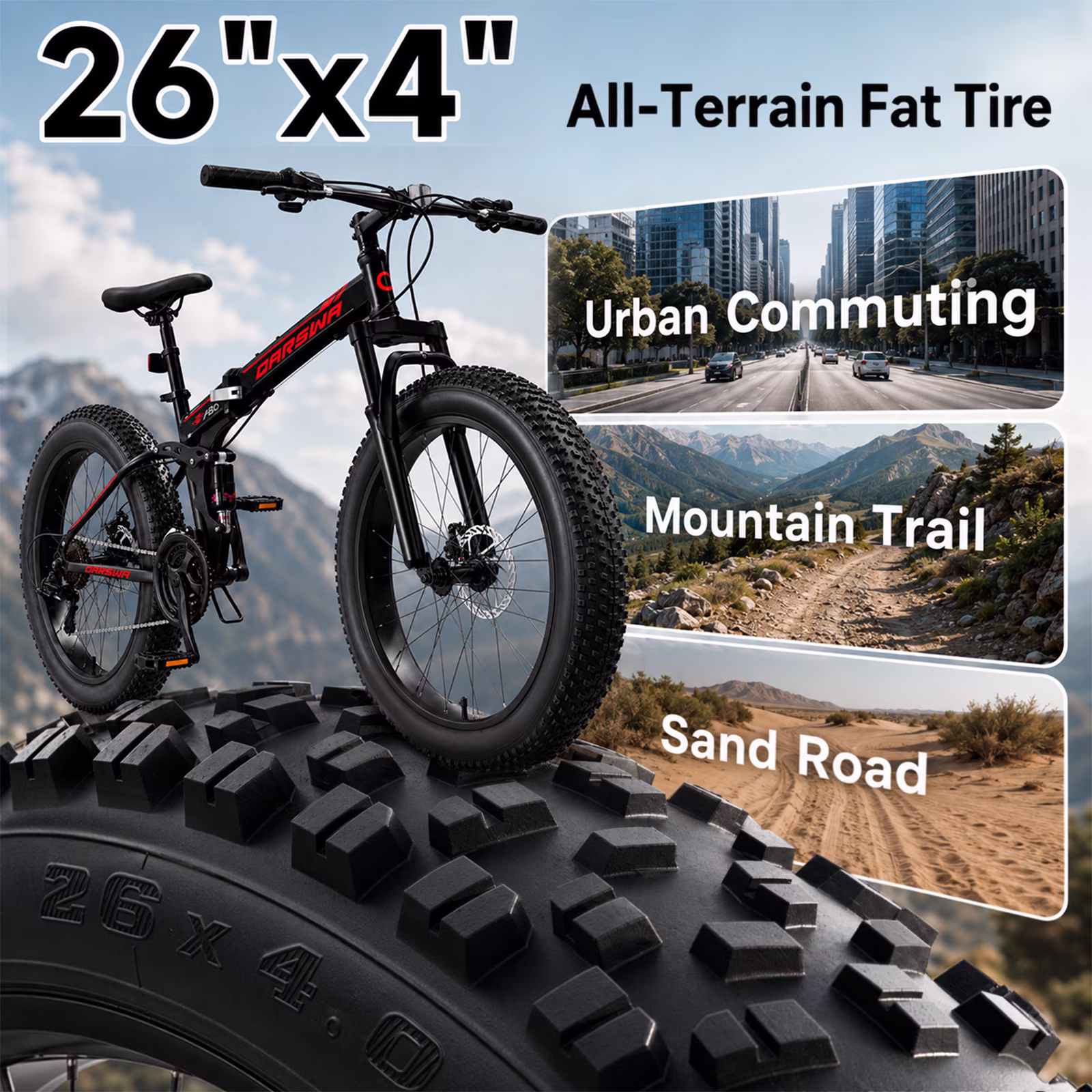 QARSWA 26" Folding Fat Tire Mountain Bike, Adult Bicycle, 21-Speed, Dual Disc Brakes, Front Suspension, Black - Image 2
