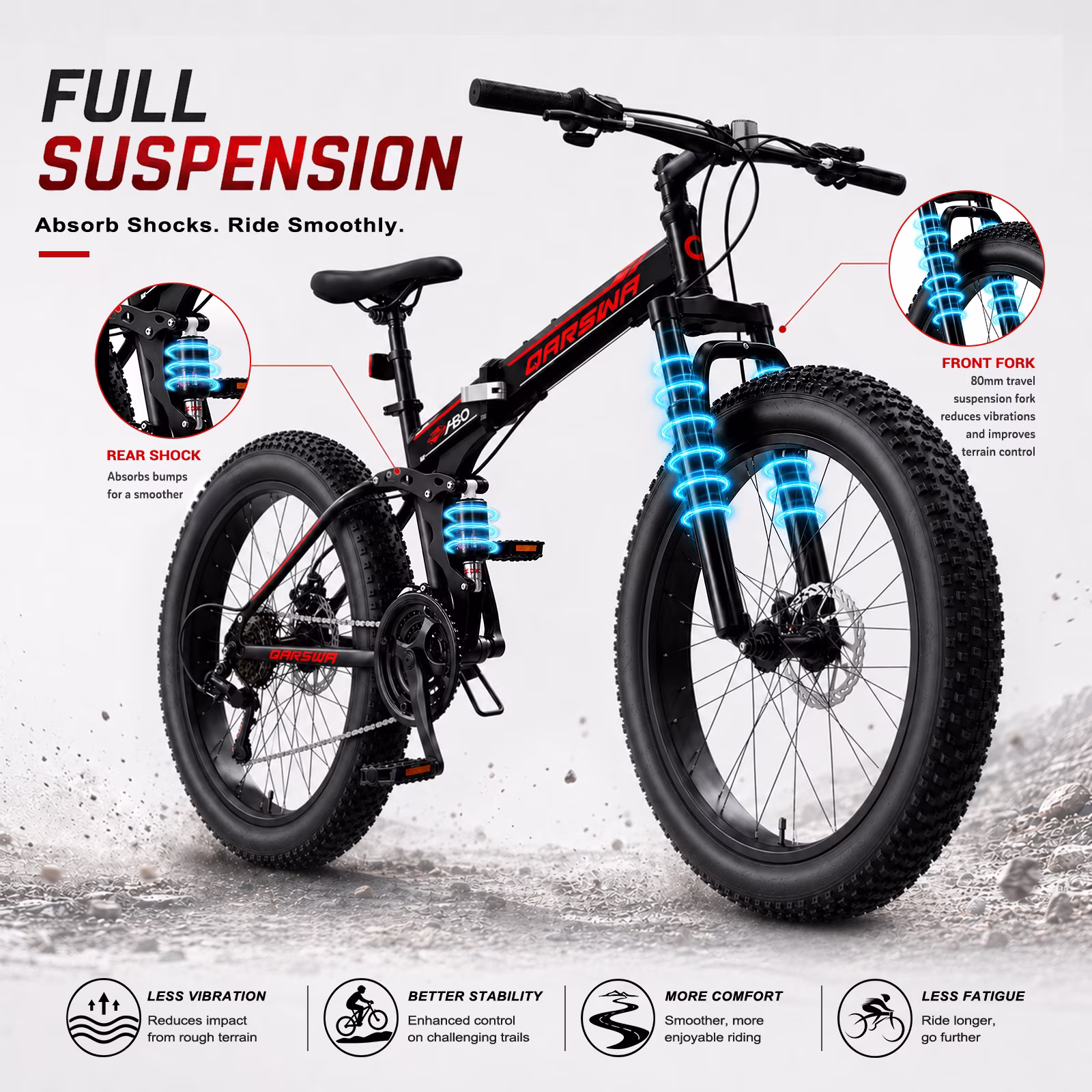 QARSWA 26" Folding Fat Tire Mountain Bike, Adult Bicycle, 21-Speed, Dual Disc Brakes, Front Suspension, Black - Image 5