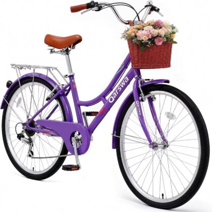 QARSWA 26 inch City Bike for Women, Shimano 7-Speed Cruiser Bicycle with Basket, Rear Rack, Fenders, Comfort Saddle, Purple