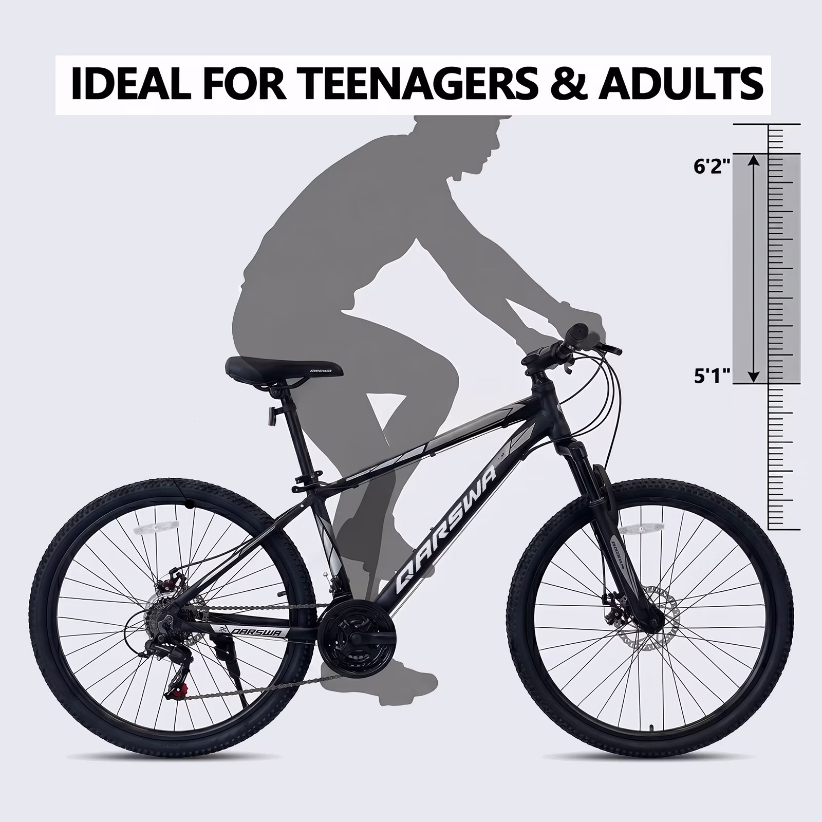 QARSWA 26" Mountain Bike for Adults & Teens, 21-Speed Aluminum Frame, Front Suspension, Disc Brake, Black - Image 2
