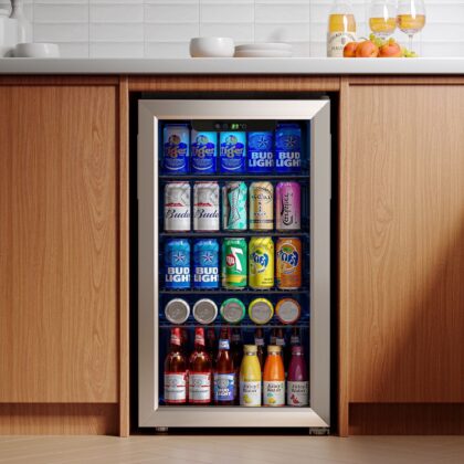 Qunler 130 Can Beverage Cooler Refrigerator with Glass Door for Beer Soda Water, Drink Fridge for Home Bar, Silver