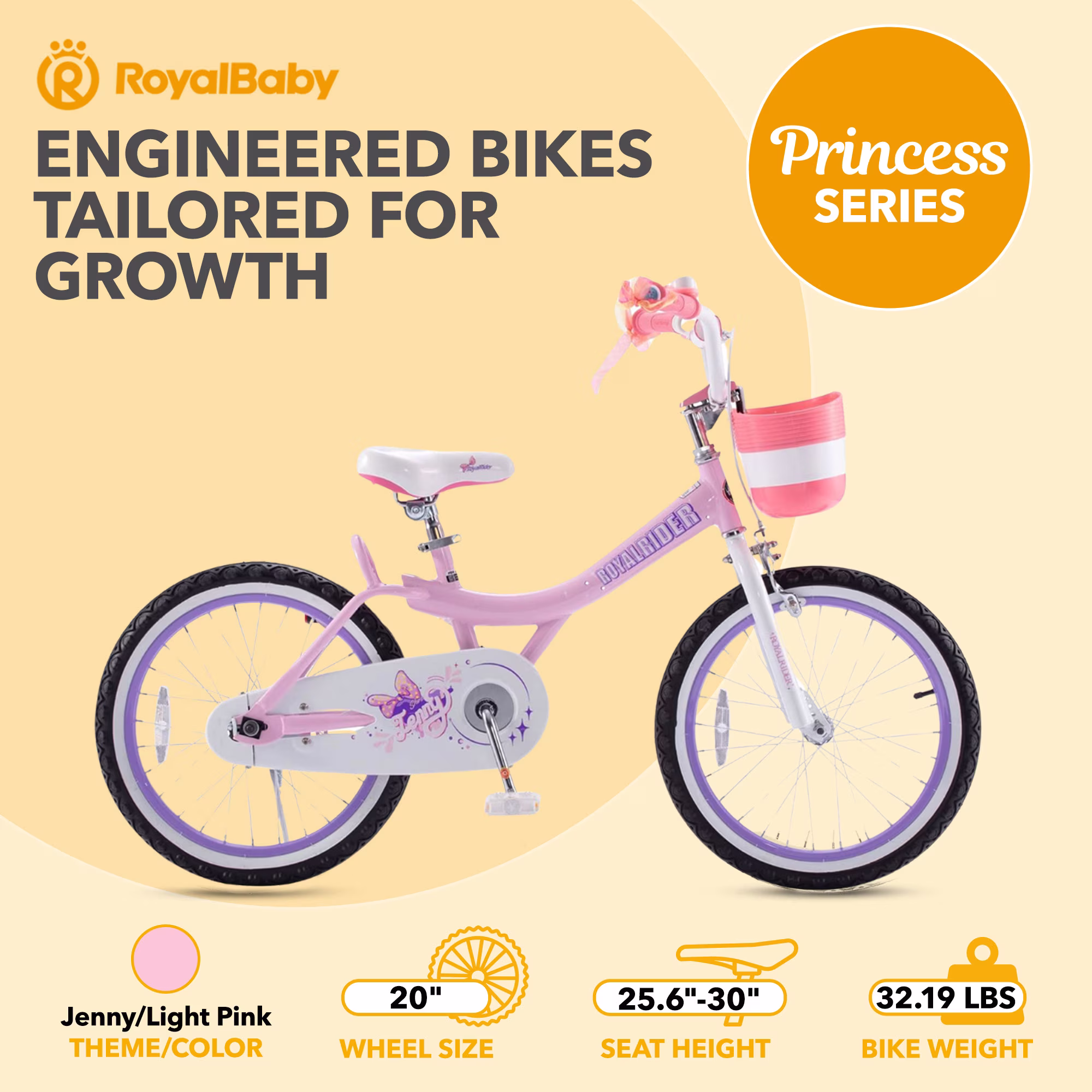 RoyalBaby Princess Girl Kids Bicycle, 20 in with Kickstand, Jenny Light Pink - Image 2