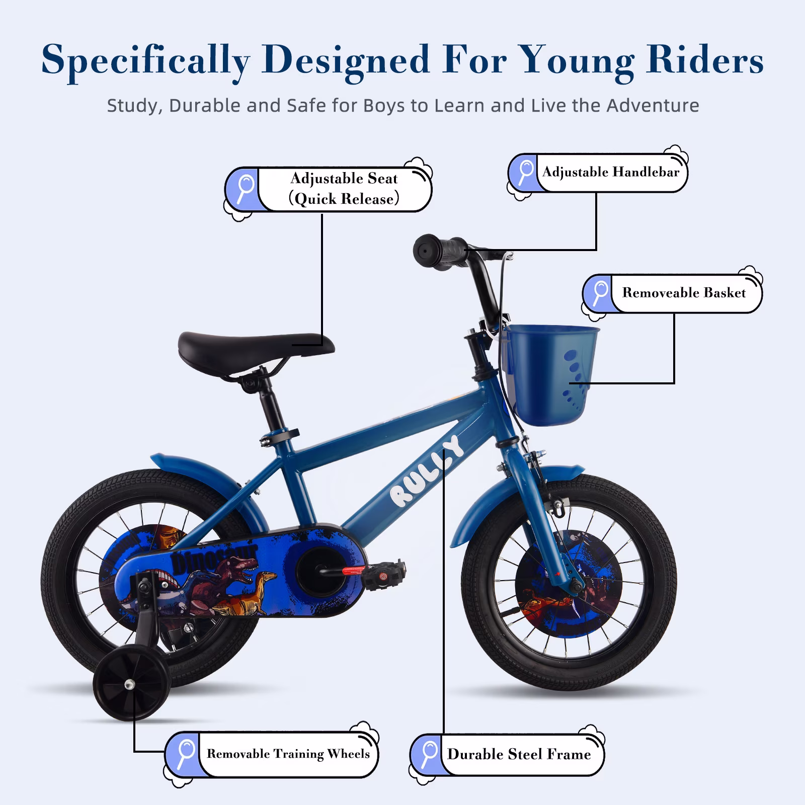 RULLY 12 inch Dinosaur Kids Bike for Boys 2-4 Years, Bicycle with Training Wheels, Basket & Coaster Brake, Blue - Image 4