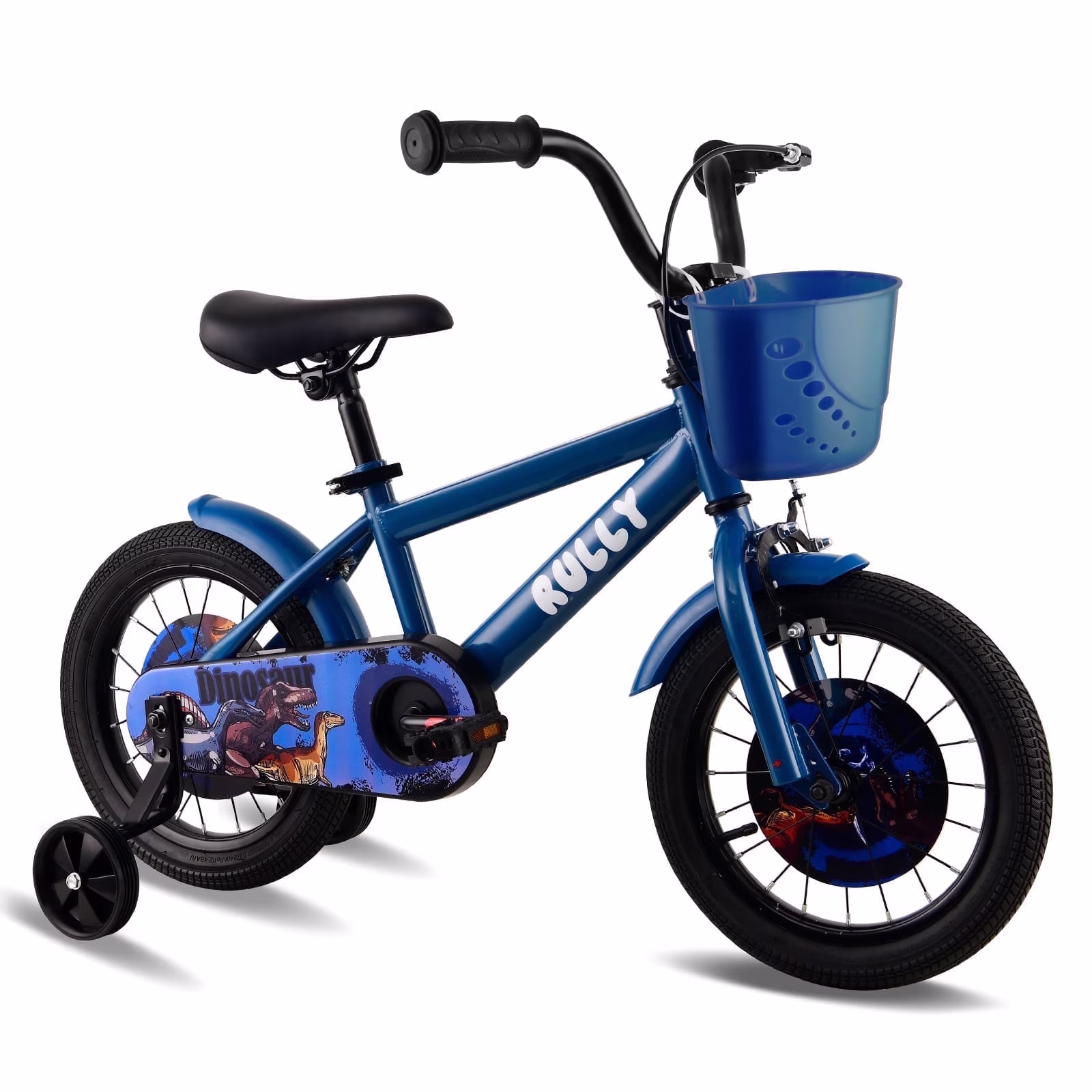 RULLY 12 inch Dinosaur Kids Bike for Boys 2-4 Years, Bicycle with Training Wheels, Basket & Coaster Brake, Blue