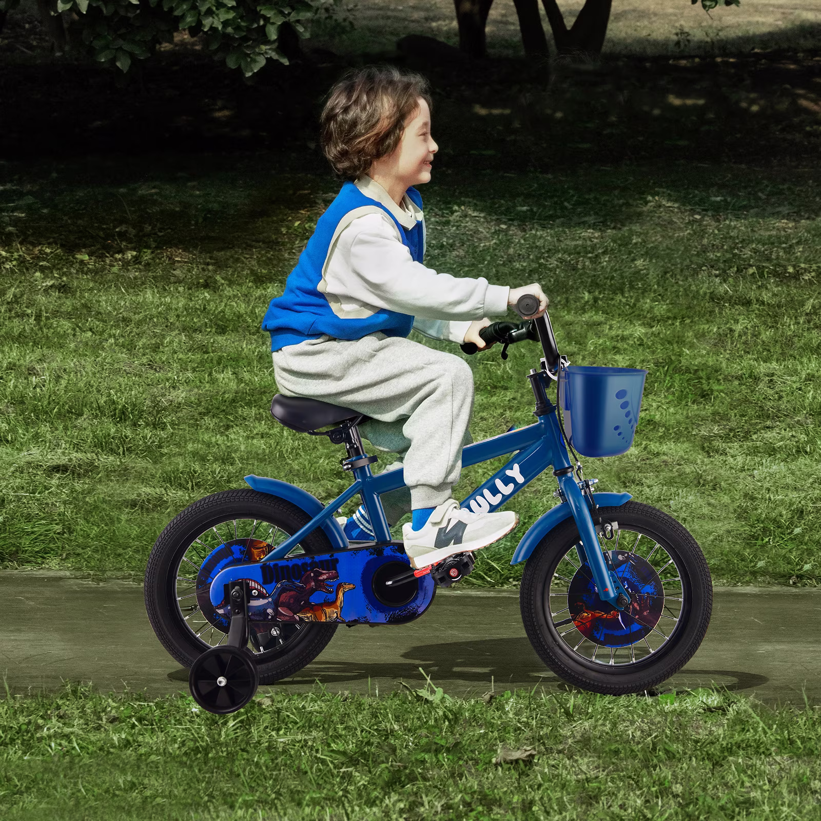 RULLY 12 inch Dinosaur Kids Bike for Boys 2-4 Years, Bicycle with Training Wheels, Basket & Coaster Brake, Blue - Image 2