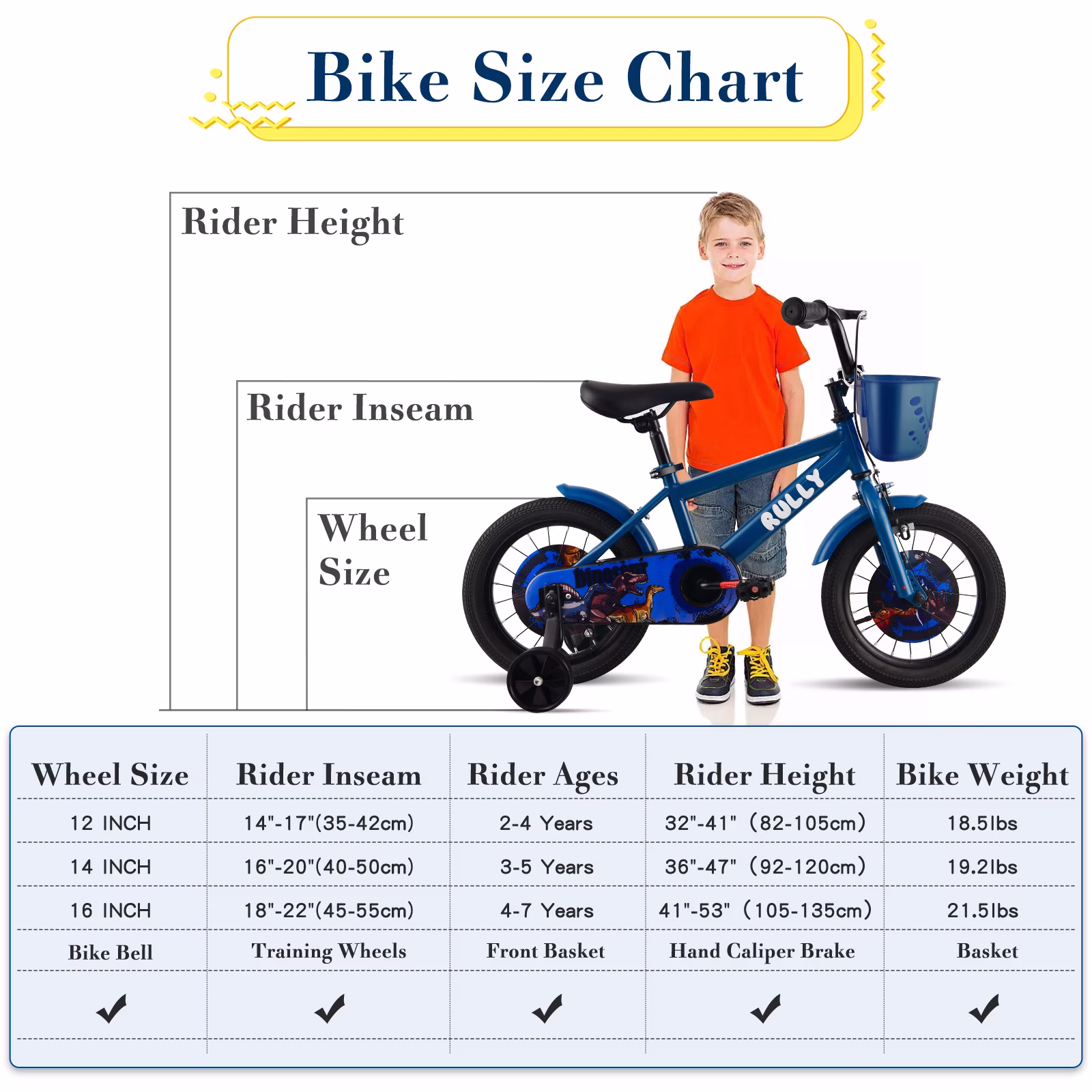 RULLY 12 inch Dinosaur Kids Bike for Boys 2-4 Years, Bicycle with Training Wheels, Basket & Coaster Brake, Blue - Image 3