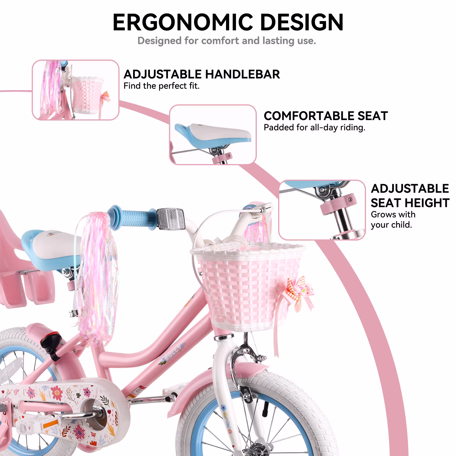 RULLY 14" Daisy Bike for Age 3 4 5 Year old Toddlers and Girls, Retro Style in Pink - Image 2