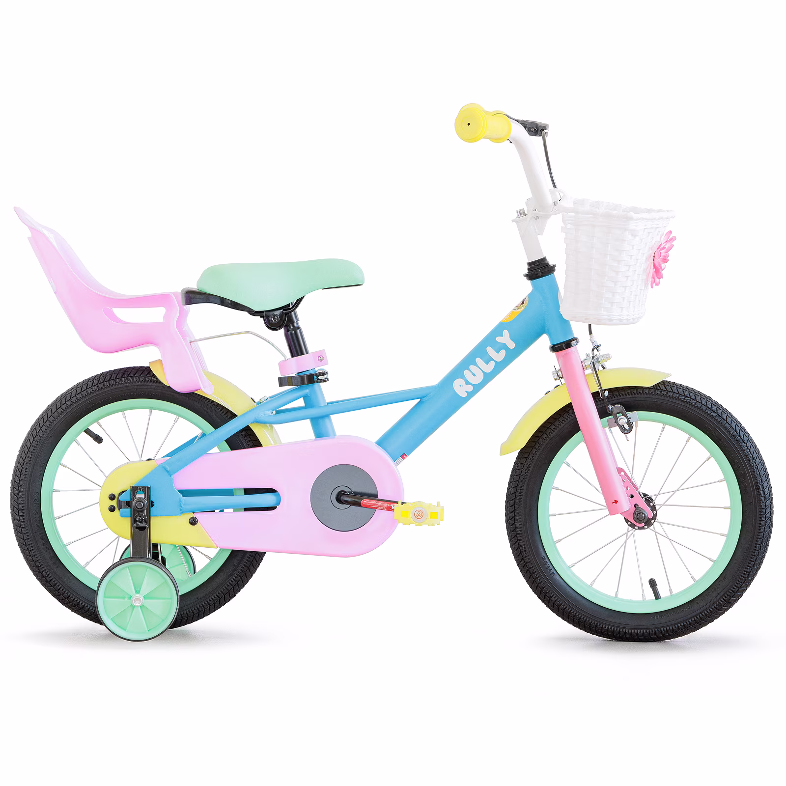 RULLY 14 inch Girls Bike for Ages 3-5, Kids Bicycle with Training Wheels, Doll Seat & Coaster Brake, Rainbow Macaron Bike - Image 5