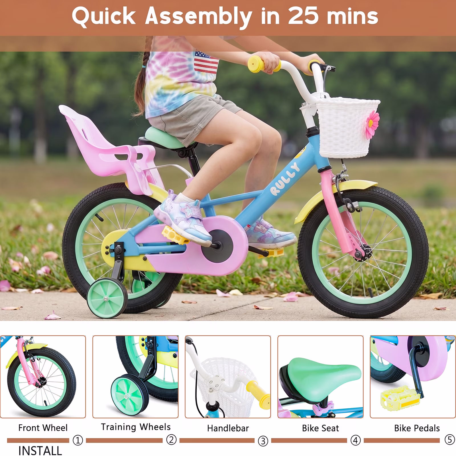 RULLY 14 inch Girls Bike for Ages 3-5, Kids Bicycle with Training Wheels, Doll Seat & Coaster Brake, Rainbow Macaron Bike - Image 3