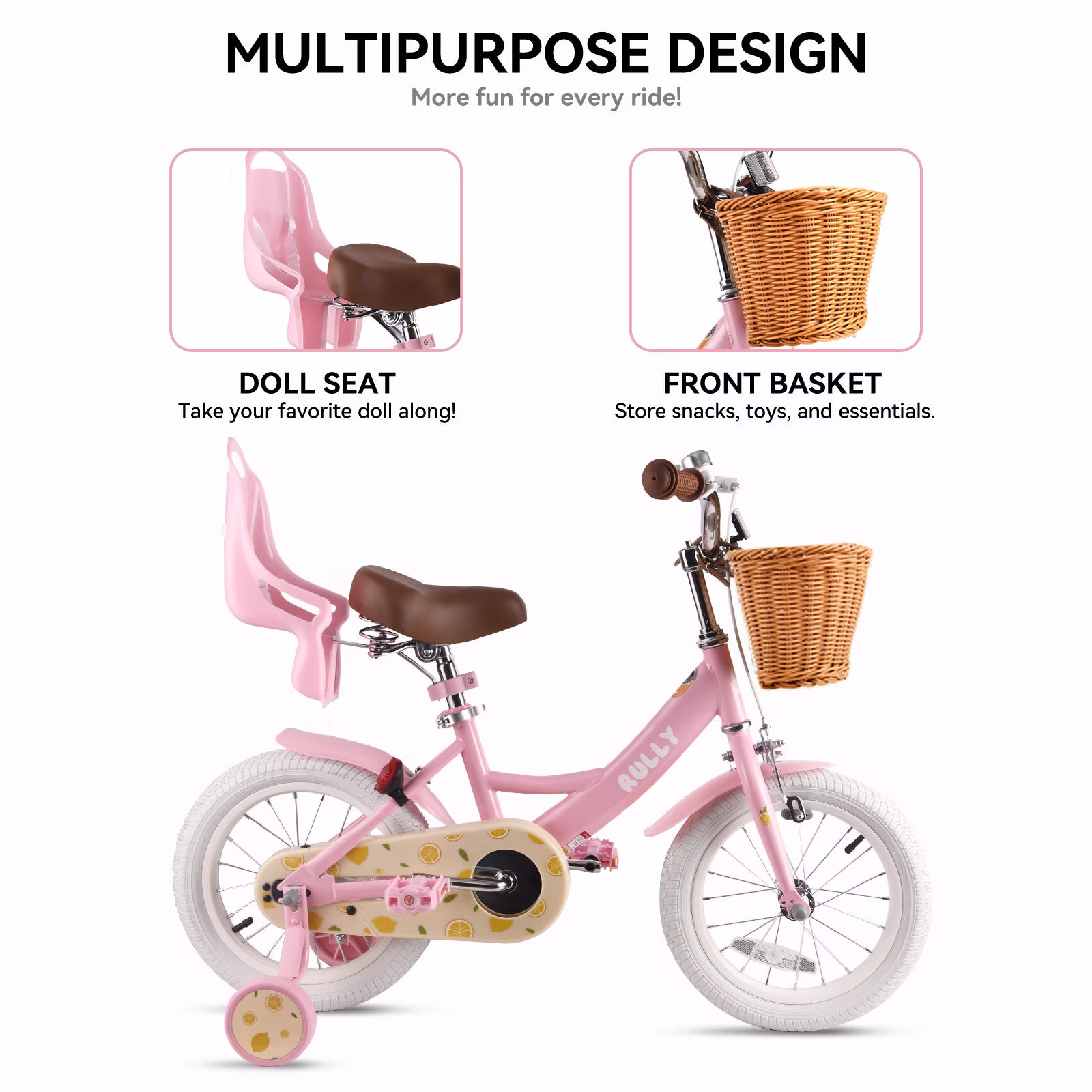 Rully Lemon Kids Bike 14 Inch Bicycle for Girls Ages 3 4 5 Years, Girl Bikes with Basket & Doll Seat,Pink - Image 4