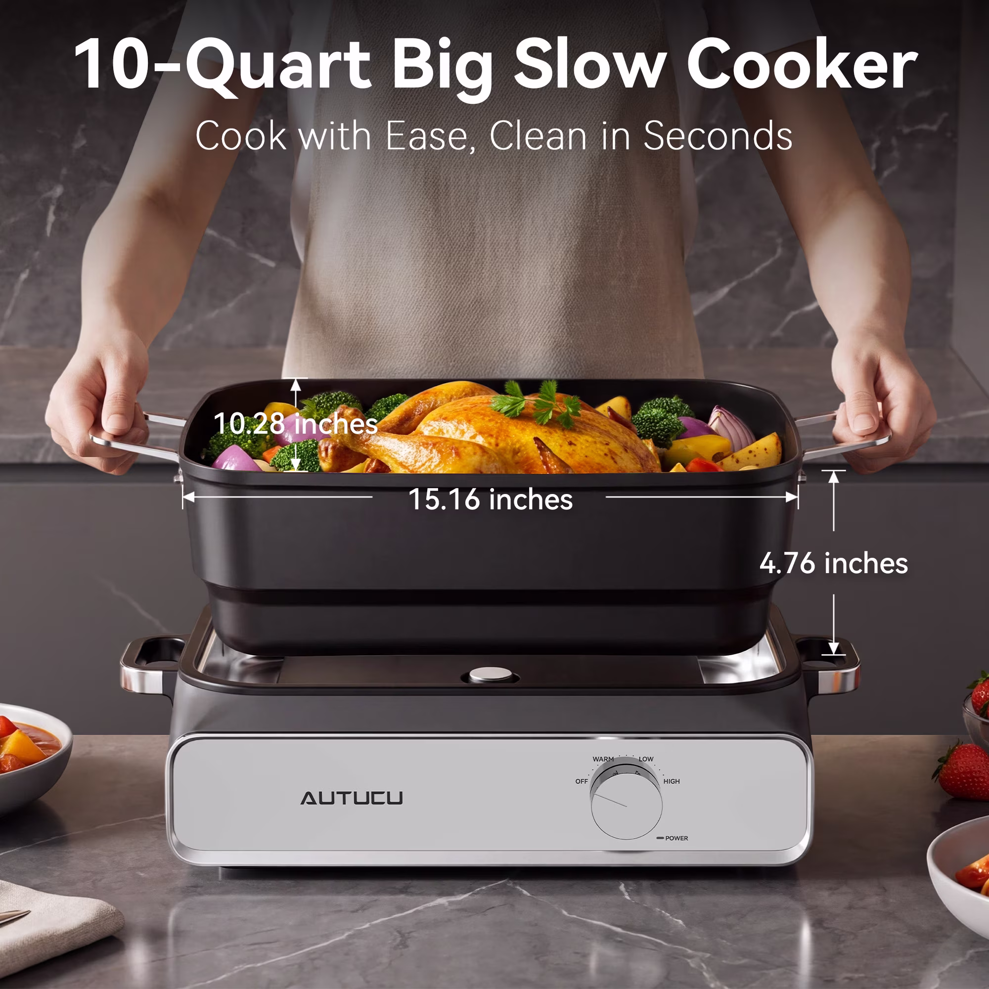 Slow Cooker 10 Quart Crock - Pot PFOA-Free Ceramic Coating, 10 QT Capacity | Keep Warm Function for Large Family Gatherings (Includes Silicone Spoon) - Image 5