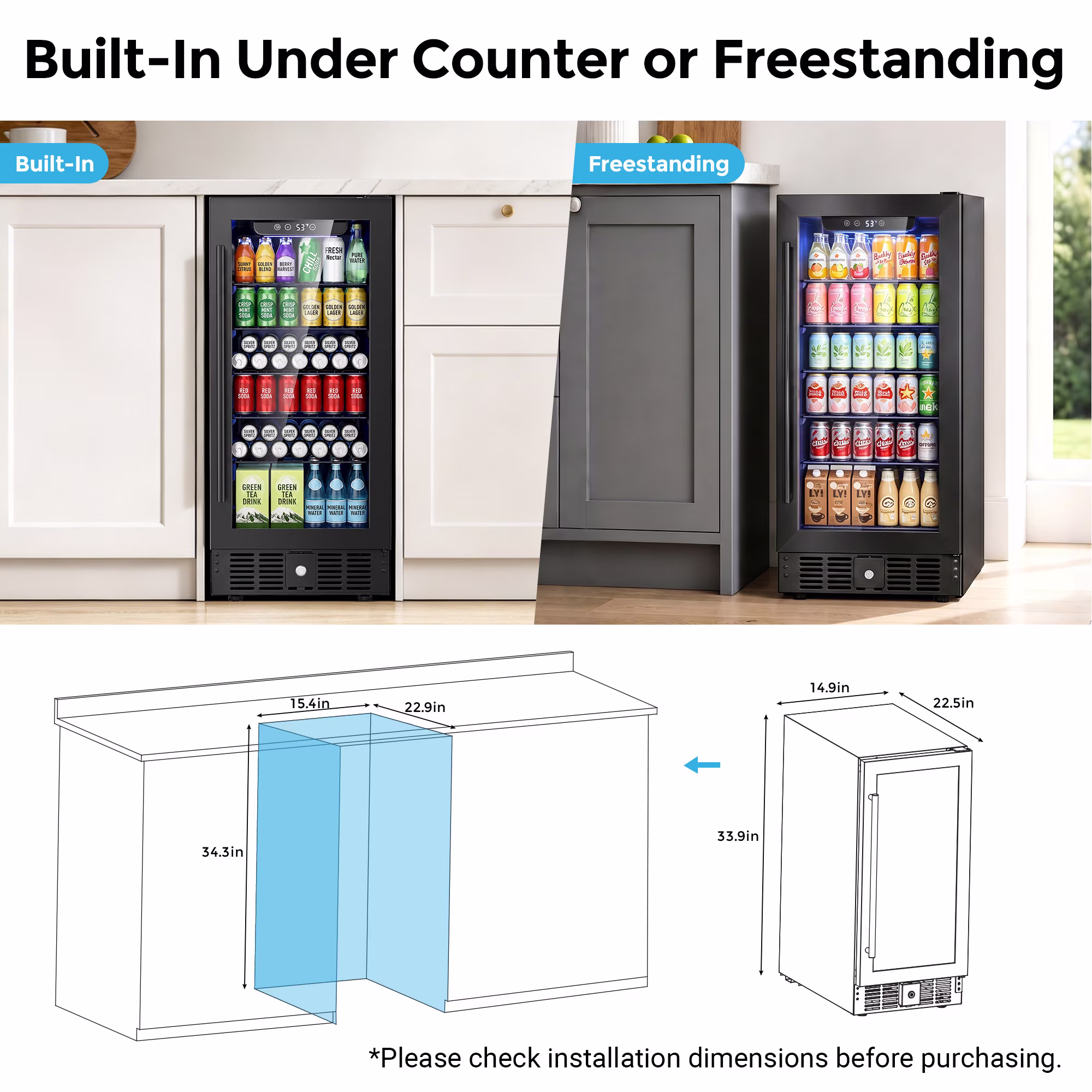 Snowyermine 15 Inch Beverage Refrigerator with Glass Door, 160 Cans Under Counter Wine Fridge for Home Kitchen, Bar or Office, Black Stainless Steel - Image 5