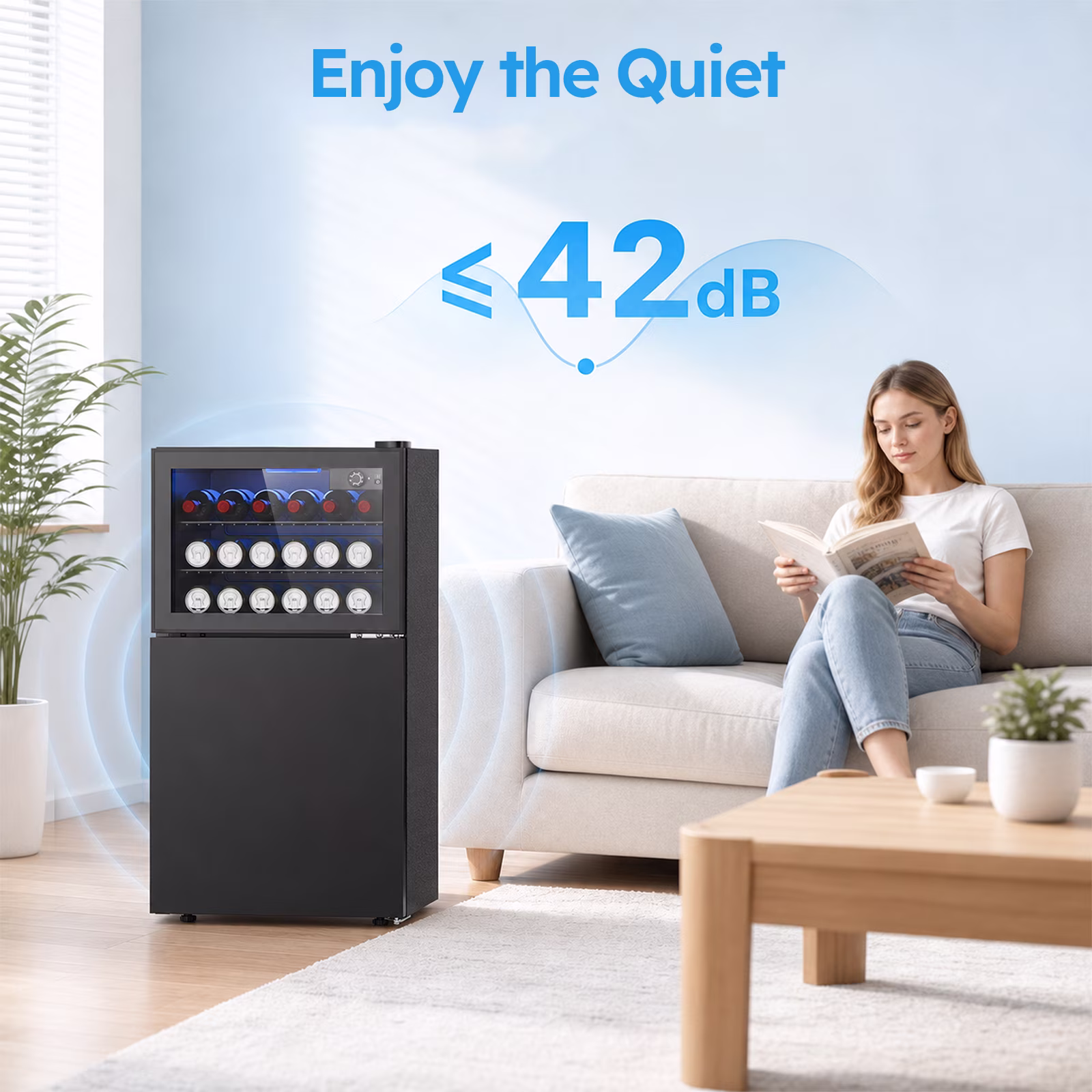Snowyermine 2-in-1 Beverage Refrigerator with Bottom Freezer, Compact Dual-Zone Mini Fridge with Glass Door & LED Light, Freestanding for Home, Office, Dorm - Image 2