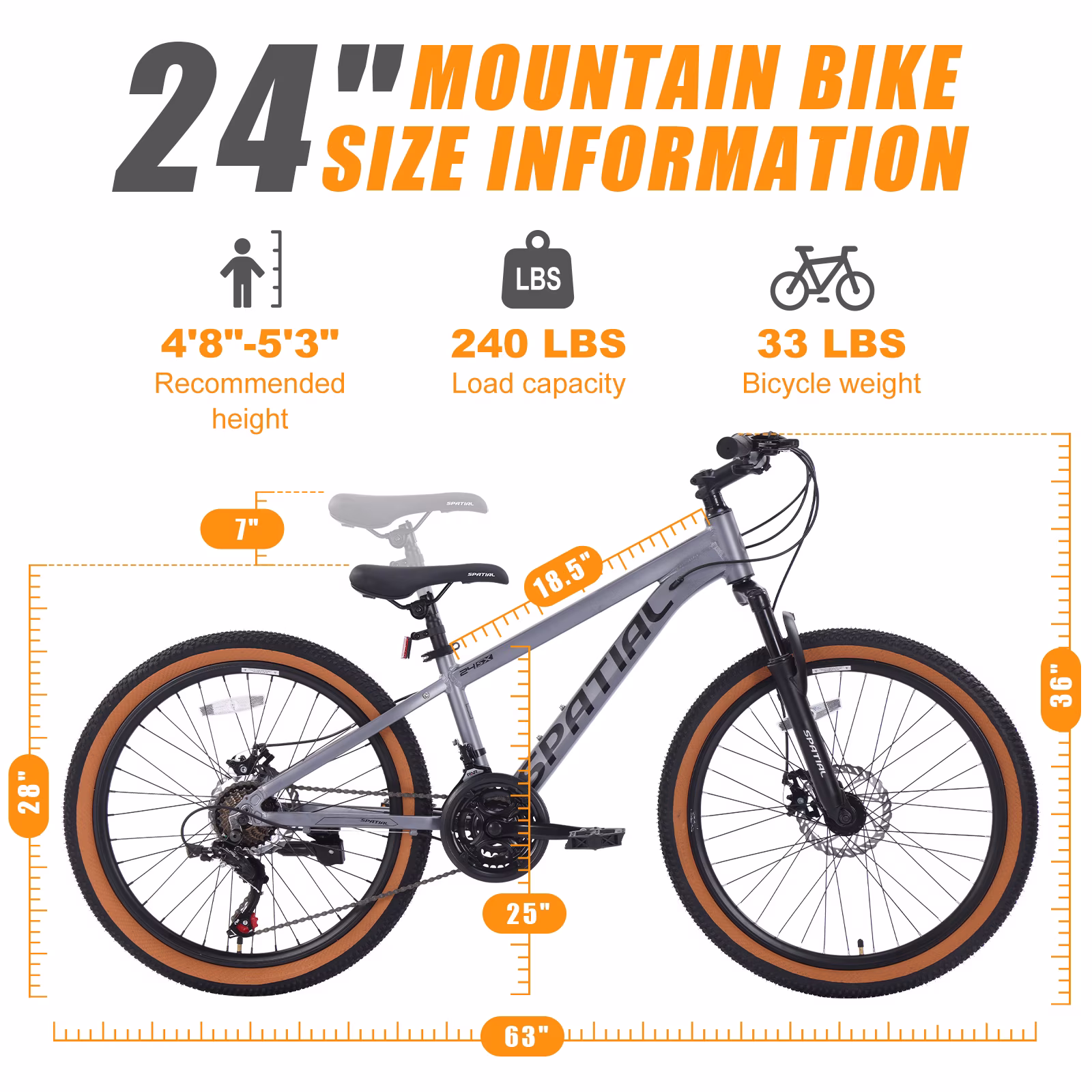 SPATIAL 24 inch Mountain Bike,21 Speeds Lightweight Aluminum Magensium Frame Mountain Bicycle,Fits Men Women Teenagers Adult Disc Brake MTB Bicycles,Silver - Image 3