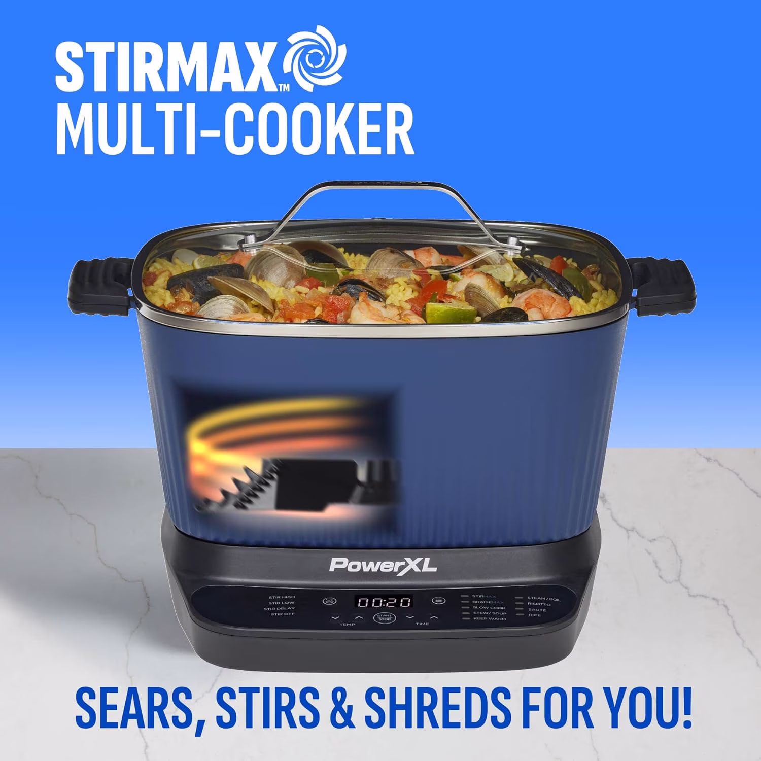 STIRMAX Midnight Blue 7.5 Quart Digital Multi-Cooker with Automatic Paddle to Stir and Shred, 9 in 1 programmable presets to Sauté, Sear, and Brown Food Before Simmering - Image 3