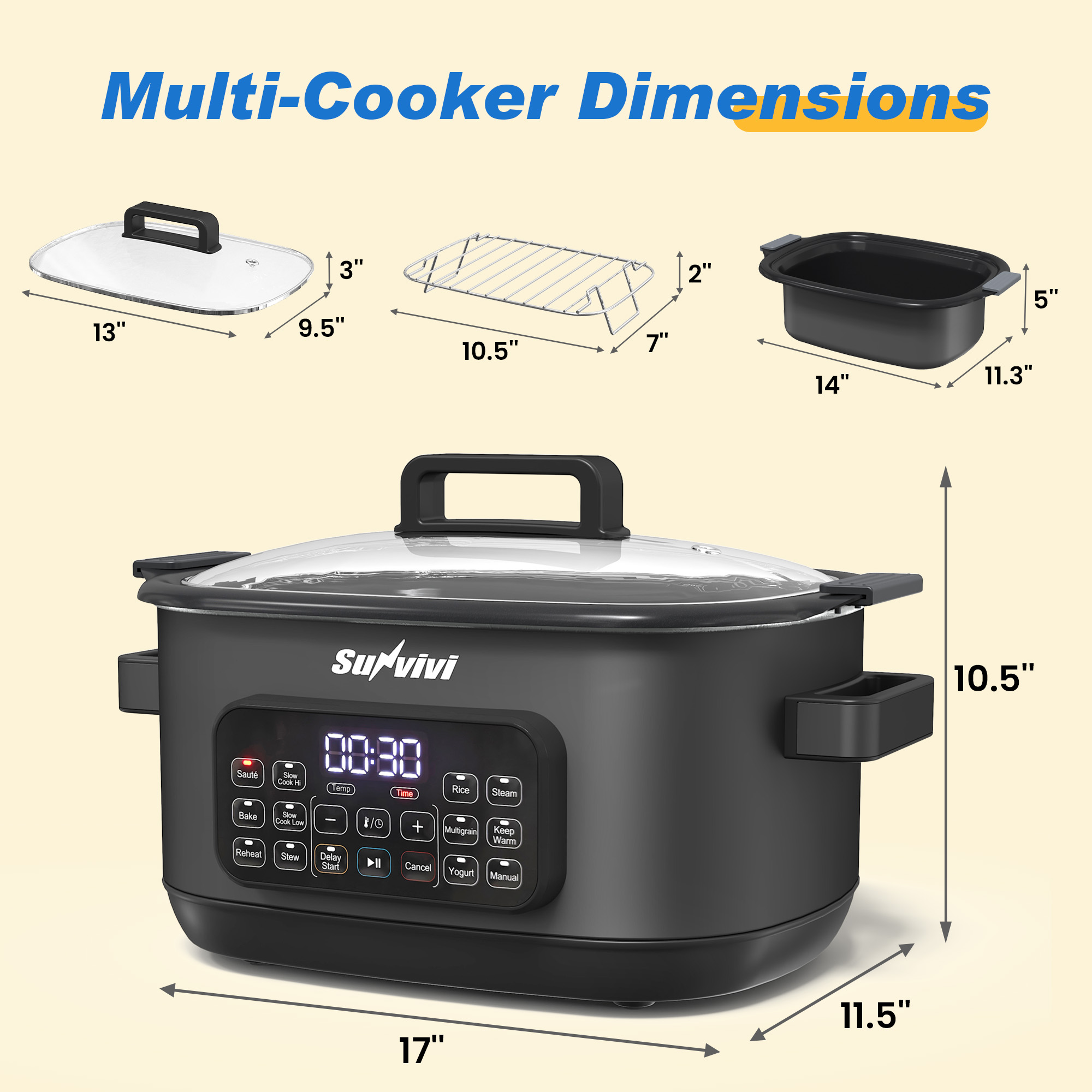 Sunvivi 12-in-1 Digital Programmable Slow Cooker, 6.5 QT Large Multicooker, Multi-Cooker with Timer, Temp Control, Black - Image 3