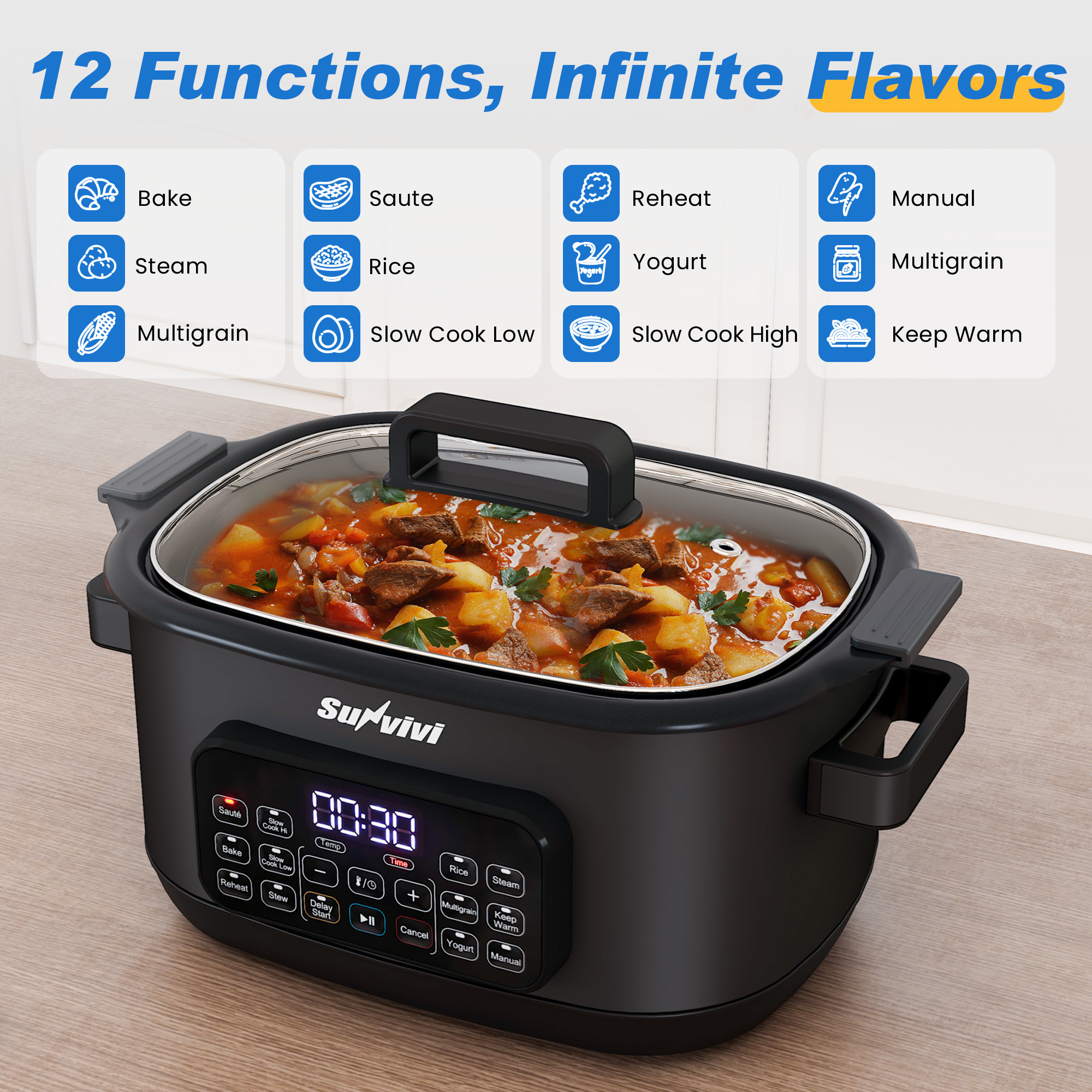 Sunvivi 12-in-1 Digital Programmable Slow Cooker, 6.5 QT Large Multicooker, Multi-Cooker with Timer, Temp Control, Black - Image 5