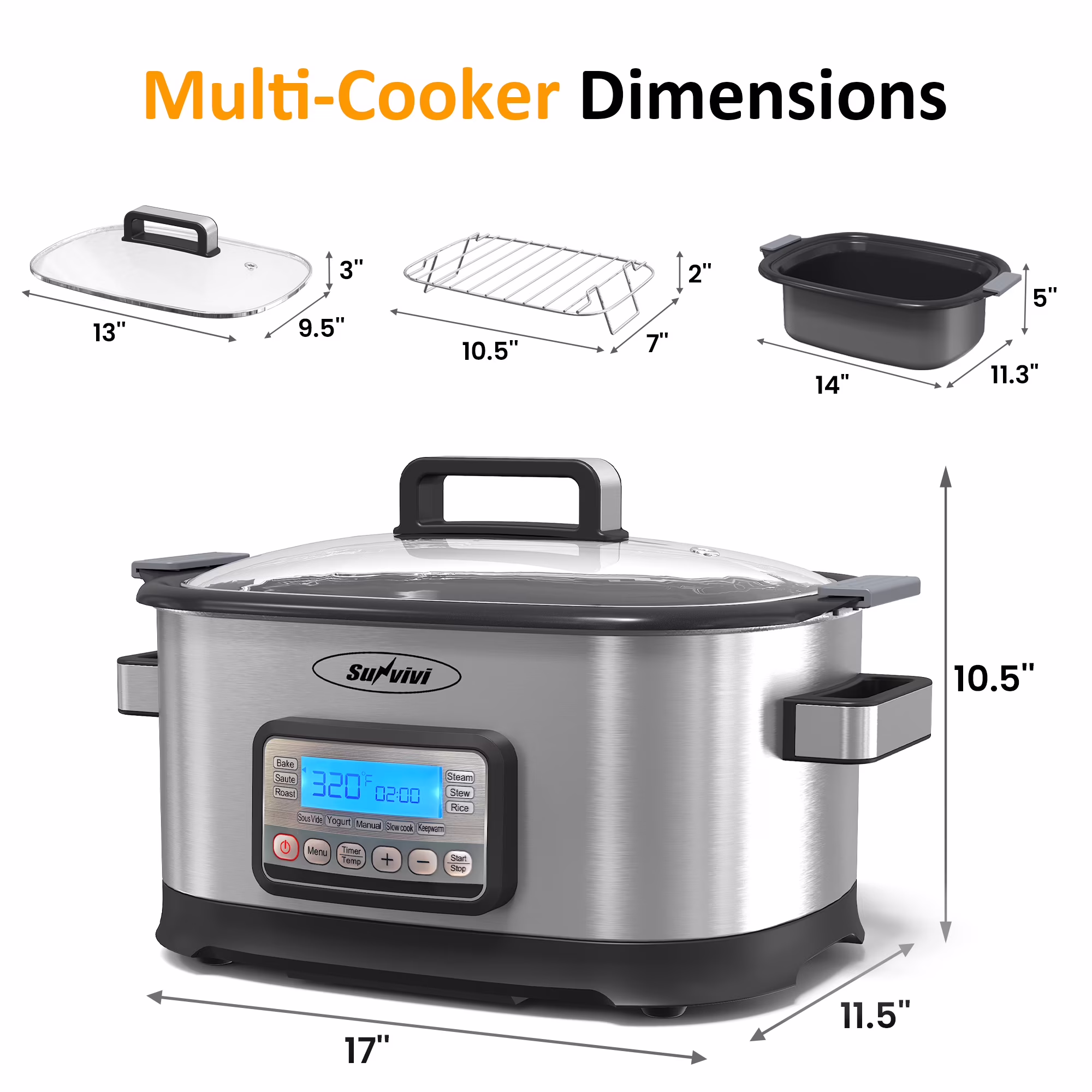 Sunvivi 6.5 Quart Slow Cooker,11 in 1 programmable Multi-Cooker Food Warmer with Digital Timer, Temp Control - Image 5