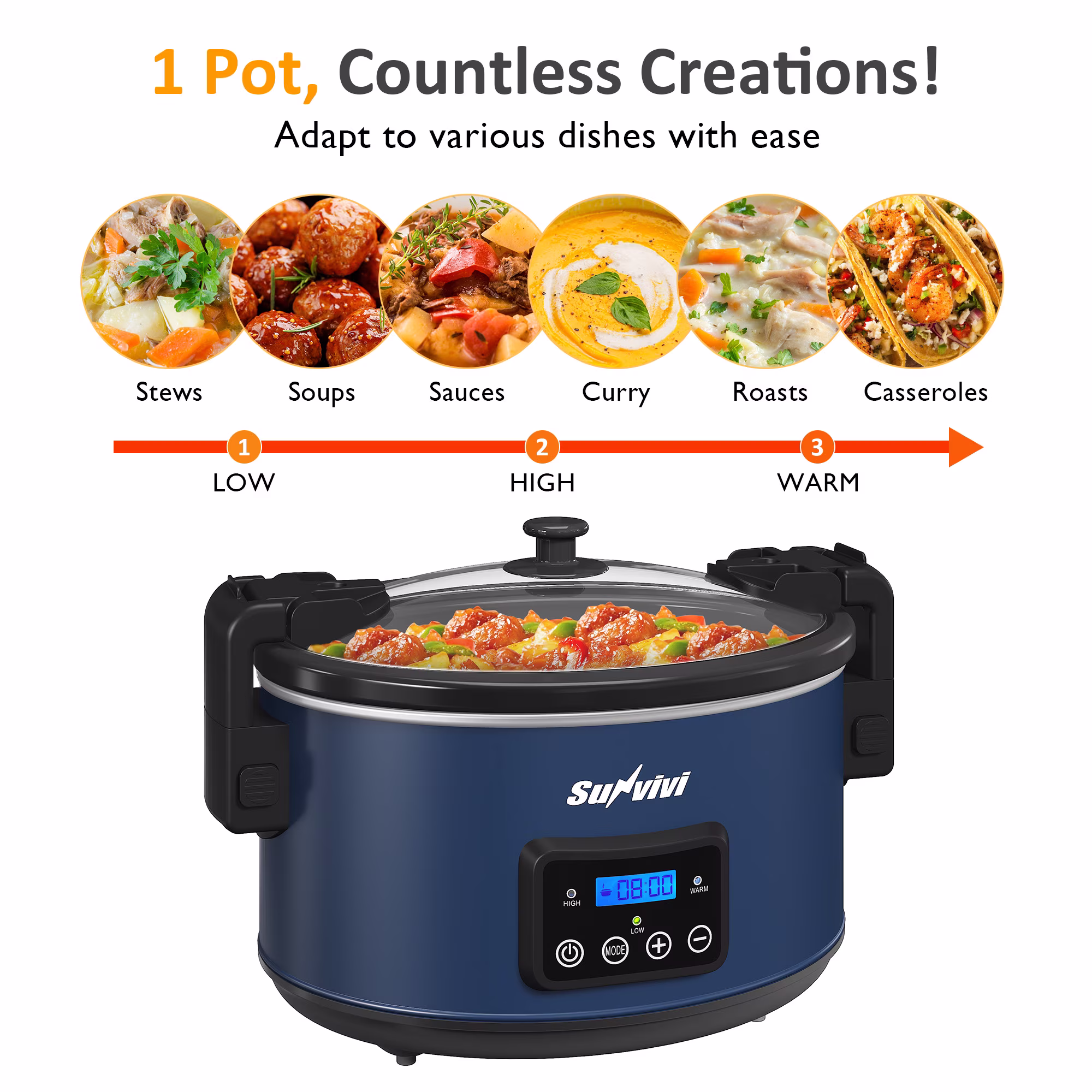 Sunvivi 8.5 Quart Programmable Slow Cooker with Locking Lid, Digital Timer, Dishwasher Safe, Blue - Image 5