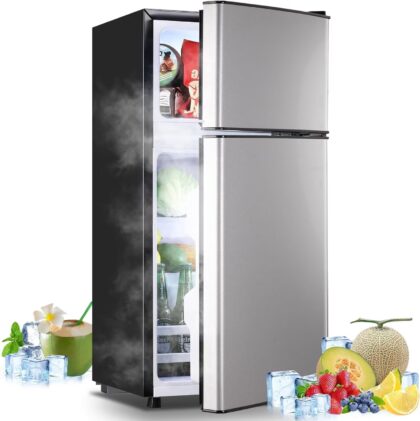 Tacool Small Mini Fridge with Top Freezer Compact Refrigerator Dual Door with Adjustable Thermostat Silver for Home New