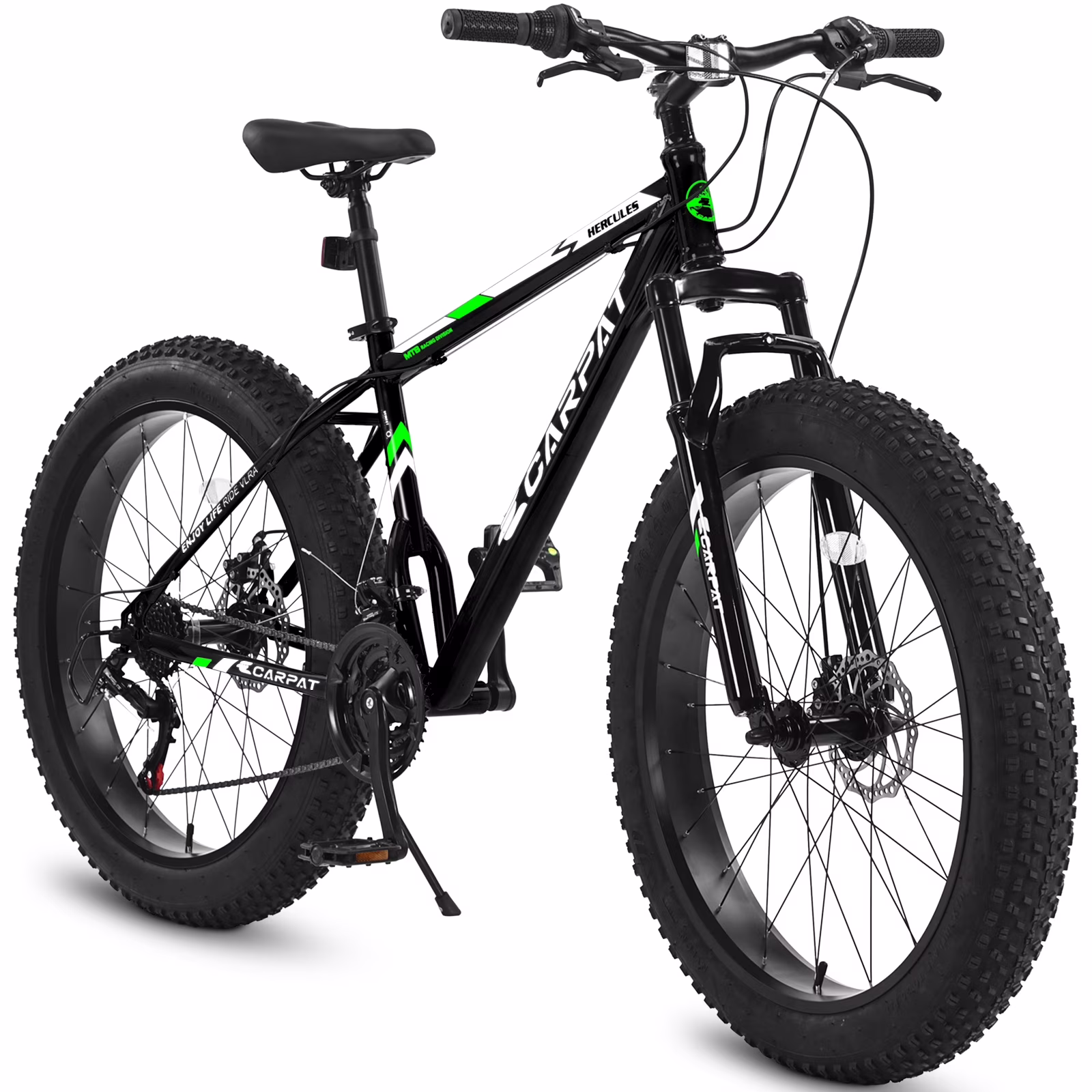 Track Seven 26-Inch Fat Tire Mountain Bike, High-Carbon Steel Frame, Full Shimano 21-Speed Drivetrain, Dual Disc Brakes, All-Terrain Suspension MTB for Adults, Black