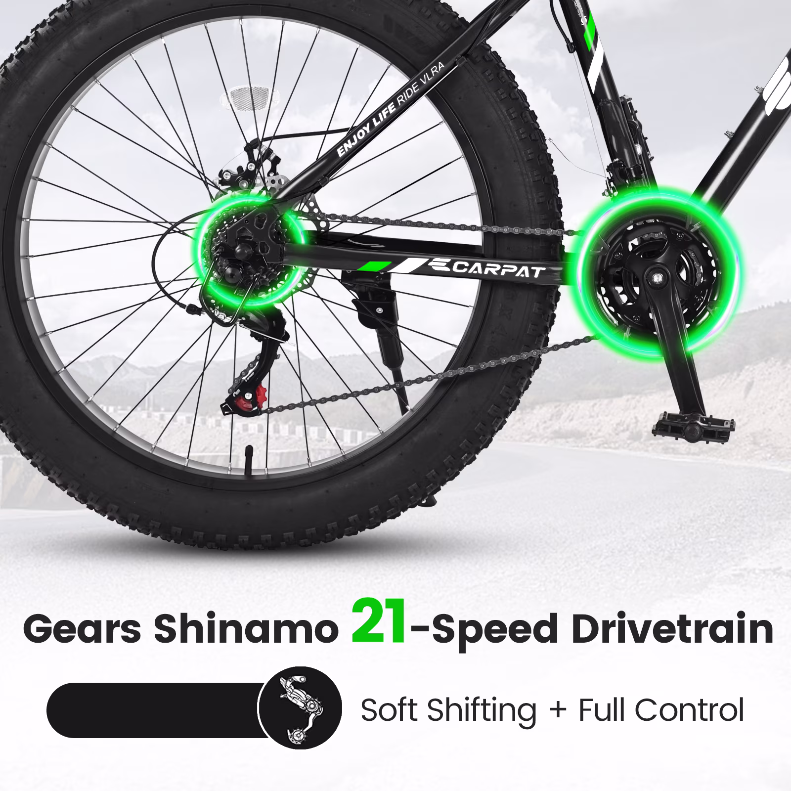 Track Seven 26-Inch Fat Tire Mountain Bike, High-Carbon Steel Frame, Full Shimano 21-Speed Drivetrain, Dual Disc Brakes, All-Terrain Suspension MTB for Adults, Black - Image 4