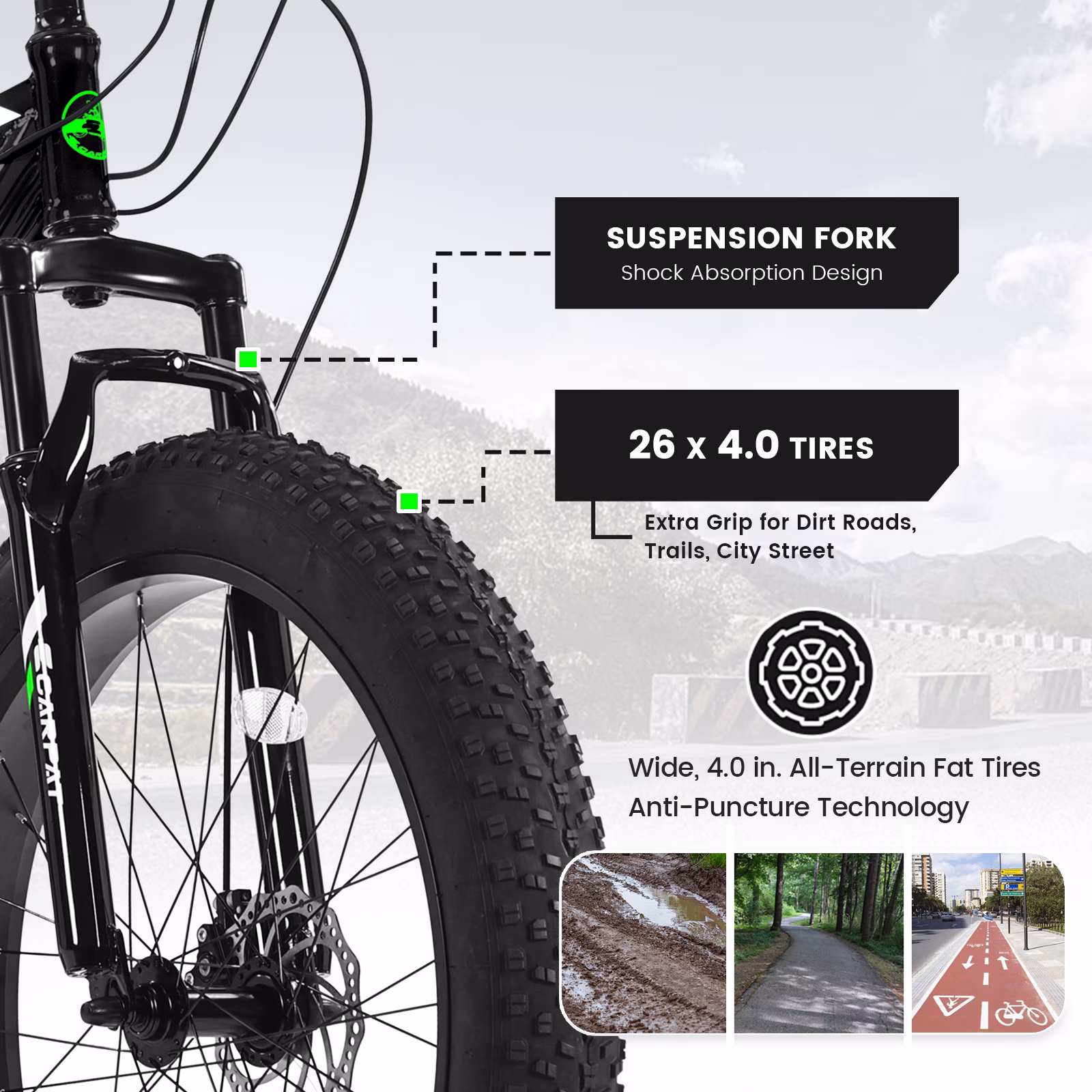 Track Seven 26-Inch Fat Tire Mountain Bike, High-Carbon Steel Frame, Full Shimano 21-Speed Drivetrain, Dual Disc Brakes, All-Terrain Suspension MTB for Adults, Black - Image 2