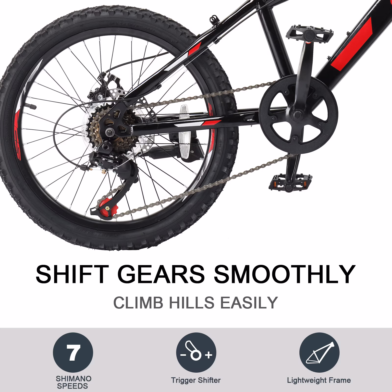 UBesGoo 20in 7 Speed Mountain Bike, Lightweight All Terrain Bicycle with Dual Disc Brakes, Suspension, Black Red - Image 3
