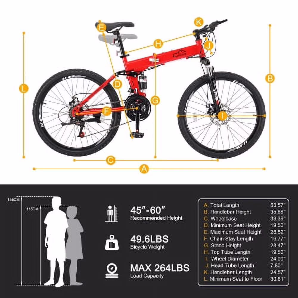 UBesGoo 24in Folding Mountain Bike Shimano 21-Speed, with Disc Brakes for Aldult, Men, Red - Image 5