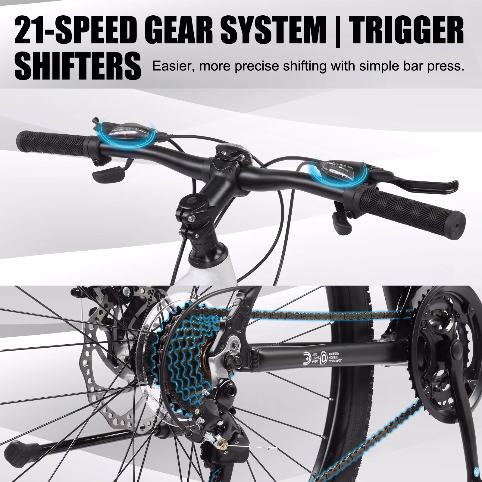 UBesGoo 26 inch Mountain Bike for Adults, 21 Speed Lightweight Aluminum Alloy Frame Mountain Bicycle, Disc Brakes, Black White - Image 2