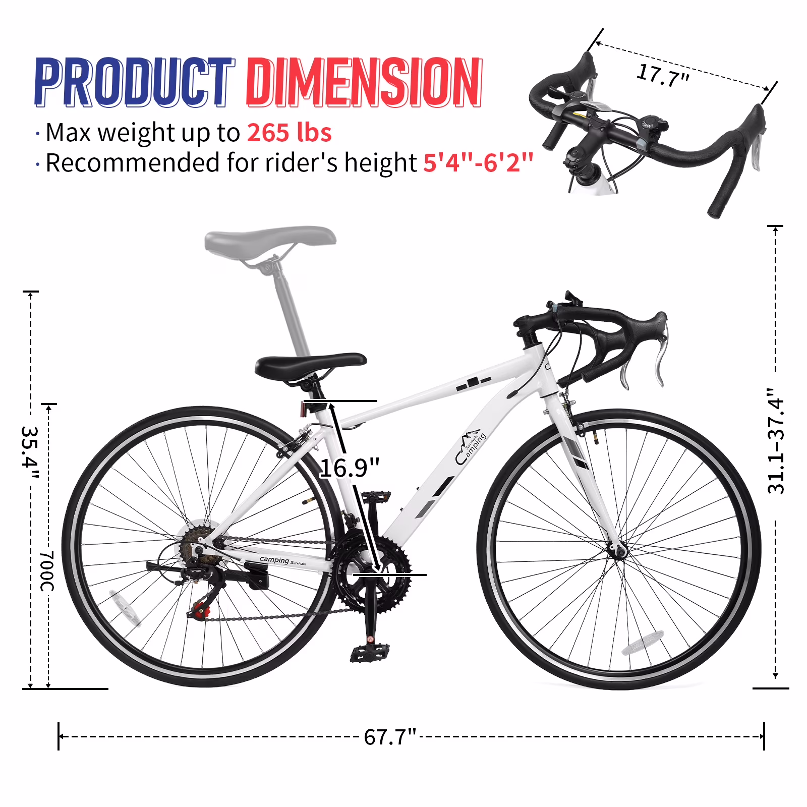 UBesGoo 700C Road Bike, 14 Speed Adults Bike, V Brakes, Drop Bar, White - Image 5