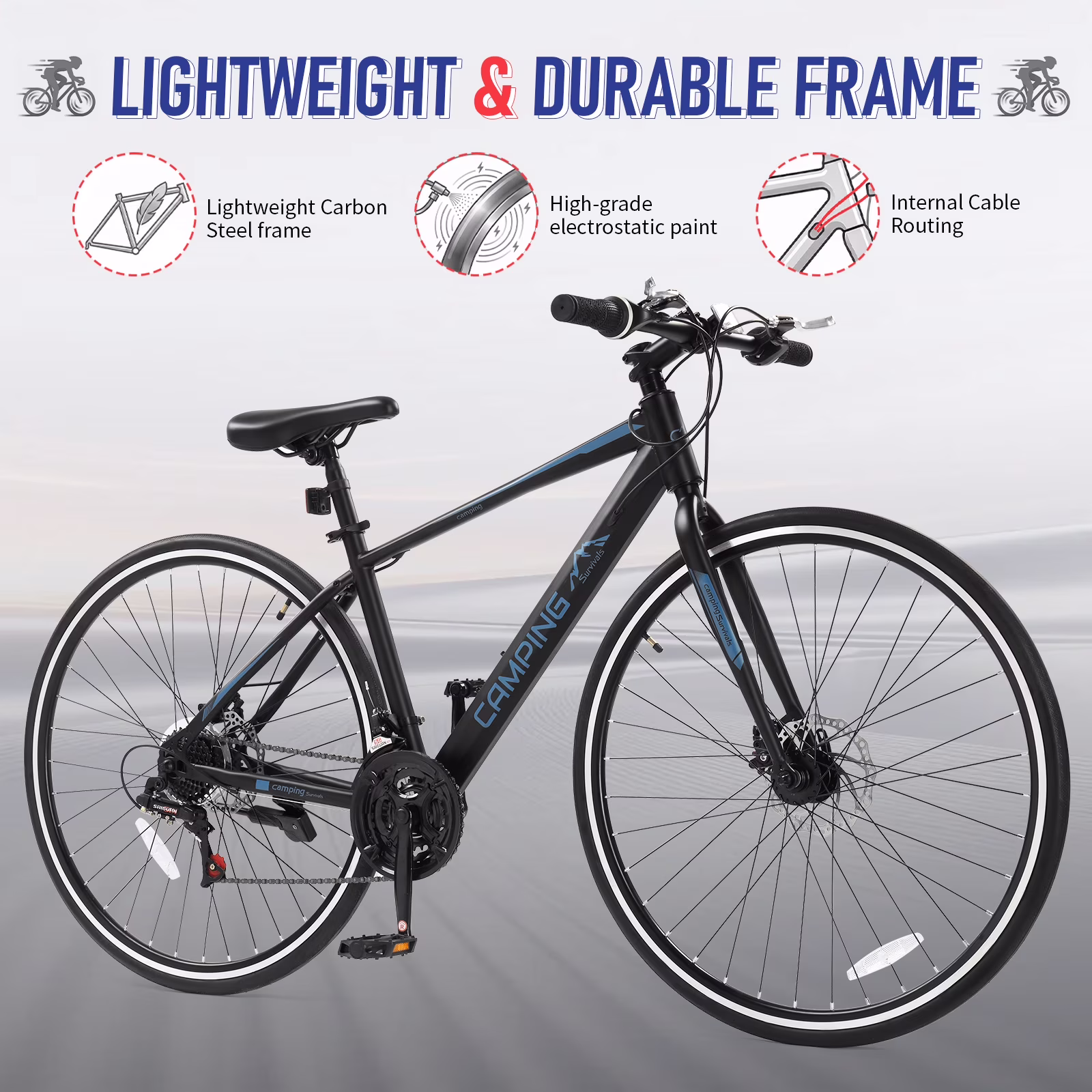 UBesGoo Hybrid Bike for Adult, 700C Road Bike, 21 Speed City Commuter Bicycle, Disc Brakes, Black Blue - Image 2