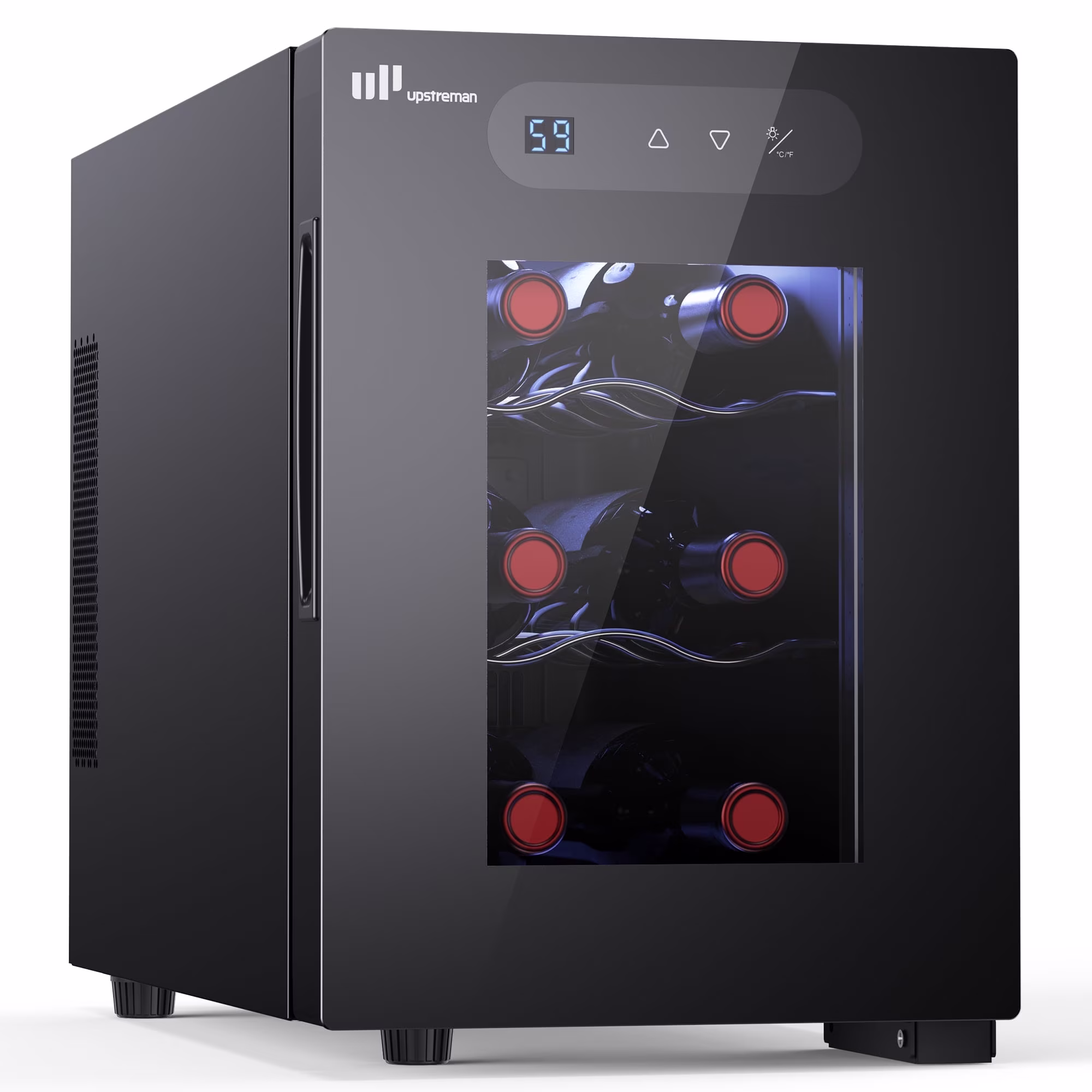 Upstreman 6 Bottle Wine Refrigerator, Thermoelectric Wine Cooler Glass Door Wine Fridge Compact Wine Cellar for Home Bar Office, 41-66°F Temp Control, LED Light, Quiet & Energy Efficient