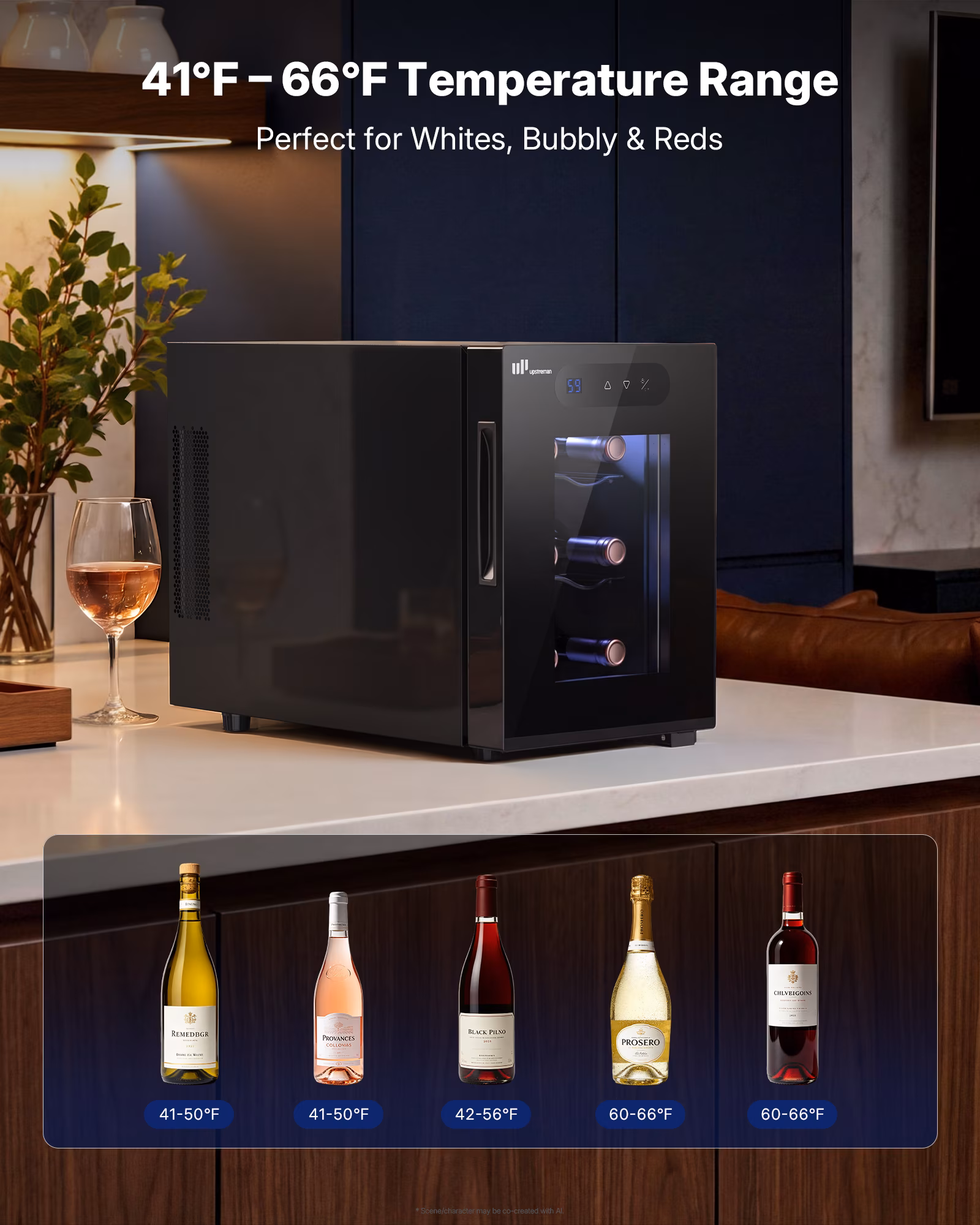 Upstreman 6 Bottle Wine Refrigerator, Thermoelectric Wine Cooler Glass Door Wine Fridge Compact Wine Cellar for Home Bar Office, 41-66°F Temp Control, LED Light, Quiet & Energy Efficient - Image 3