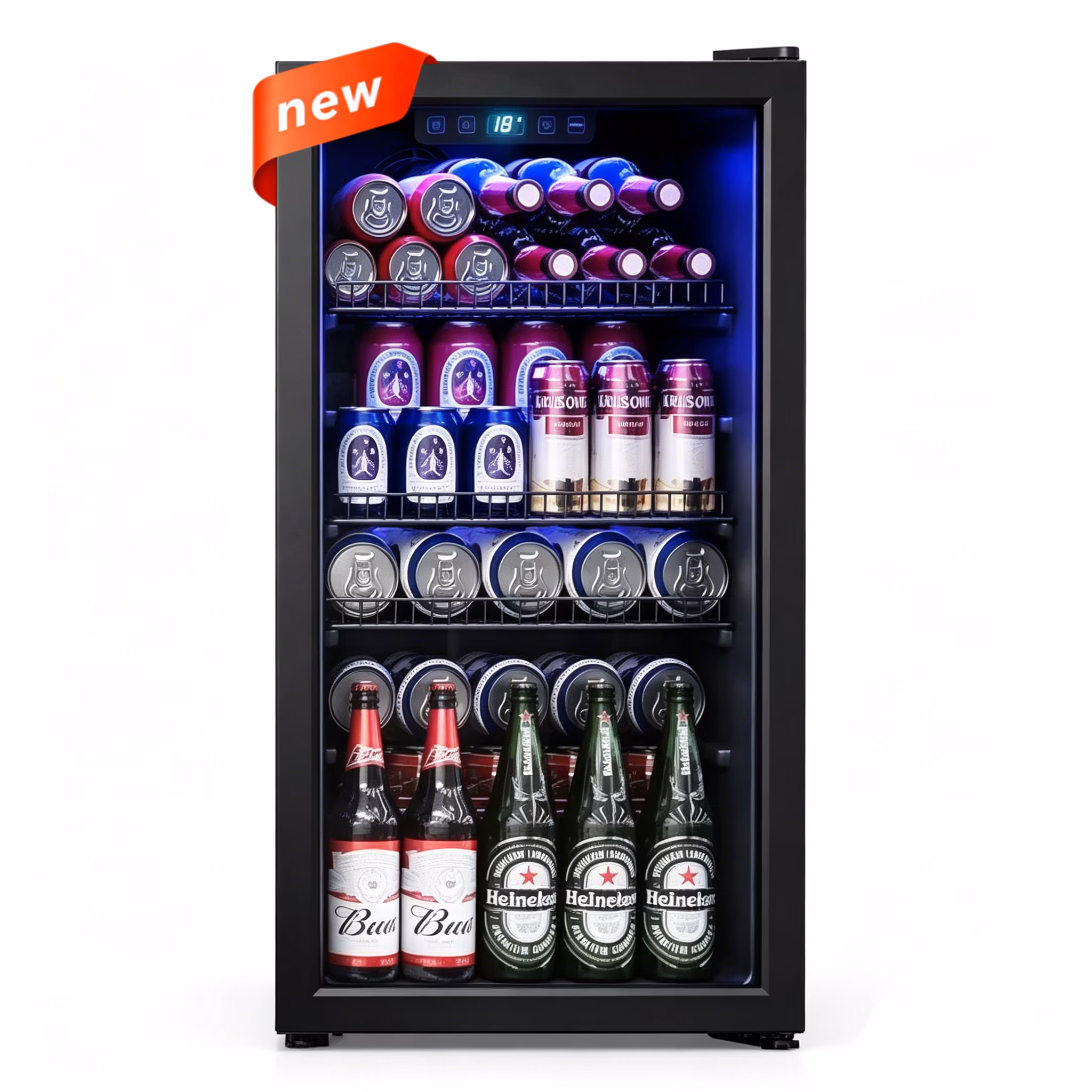 UrbanSync Beverage Cooler, Freestanding Drink Fridge with Glass Door, Adjustable Shelves, Electronic Temperature Control