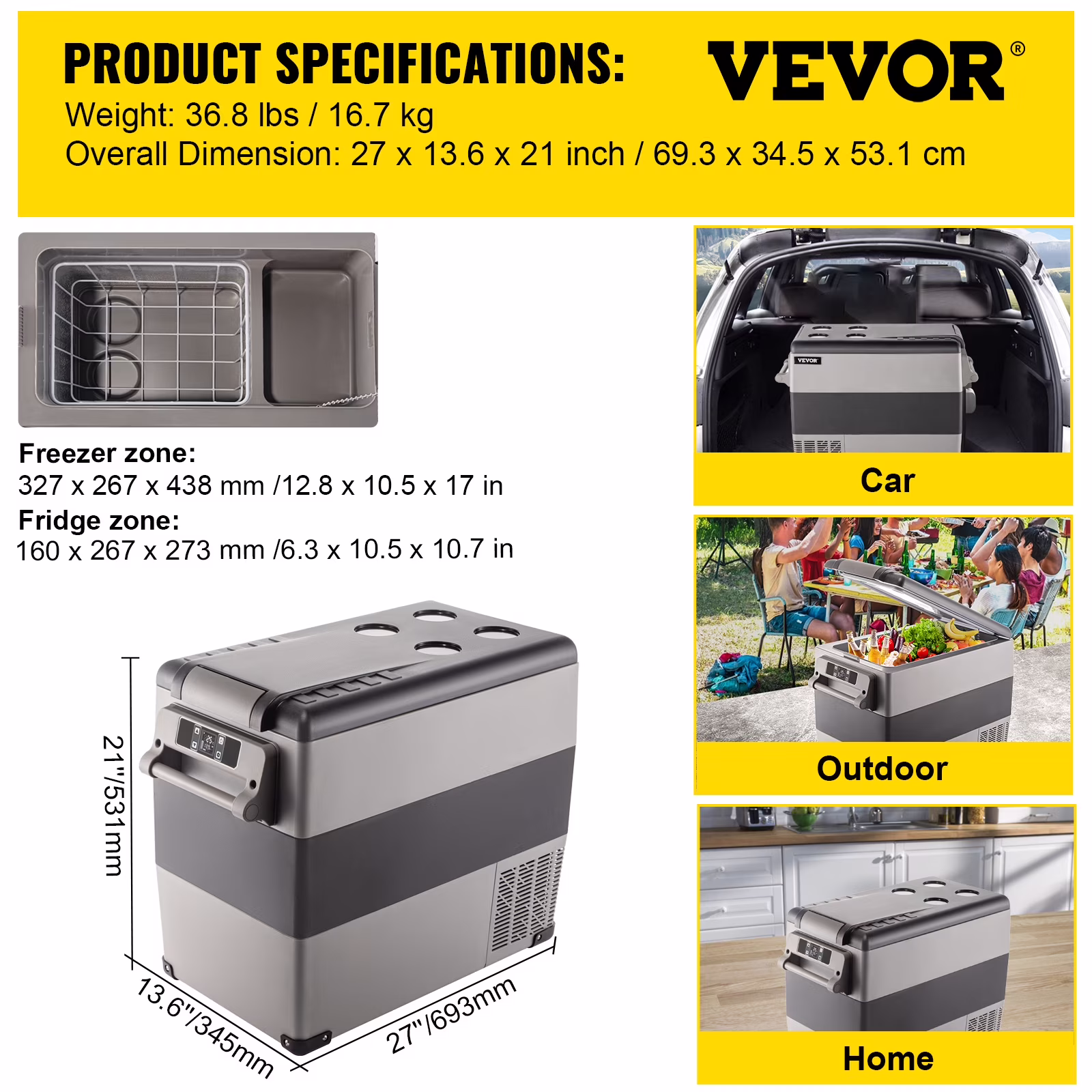 VEVOR 12 Volt Refrigerator, 58 Qt Car Refrigerator, Dual Zone Portable Freezer, Cooler Compressor Freezer with 12/24V DC and 110-240V AC, Freezer Fridge Cooler,for Car - Image 4