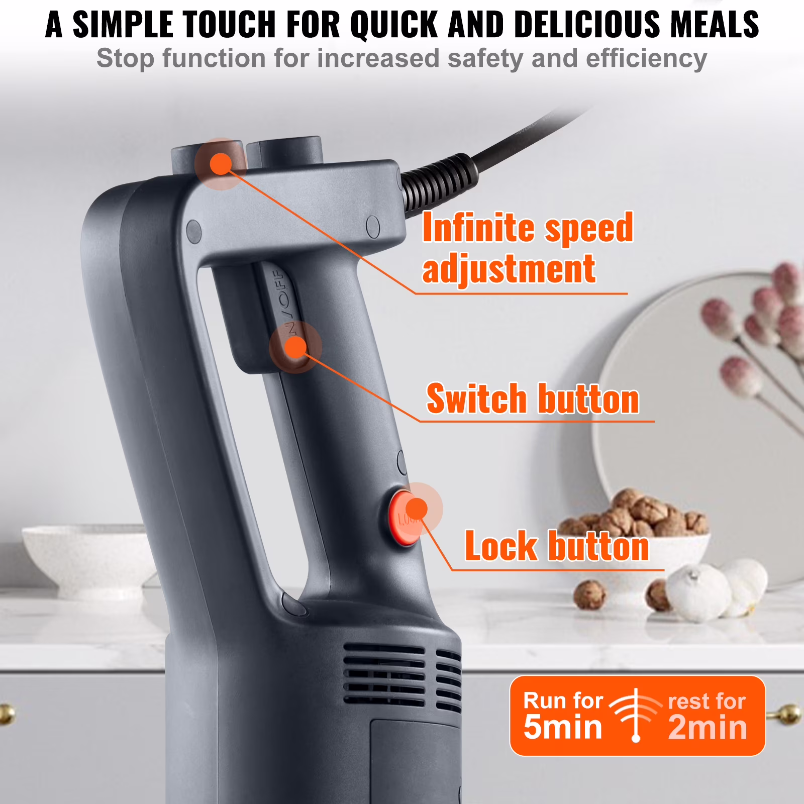 VEVOR Commercial Immersion Blender,750W 16" Heavy Duty Hand Mixer, Variable Speed Kitchen Stick Mixer with 304 Stainless Steel Blade, Multi-Purpose Portable Mixer for Soup, Smoothie, Puree, Baby Food - Image 4